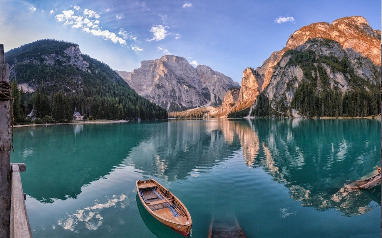 1300x820 nature landscape summer lake forest mountain church boat morning italy reflection turquoise water wallpaper, Desktop