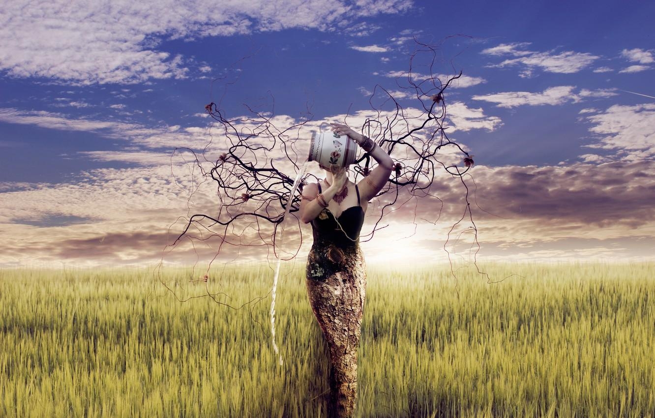 1340x850 Wallpaper girl, branches, nature, art, pitcher, Mother Earth, Desktop