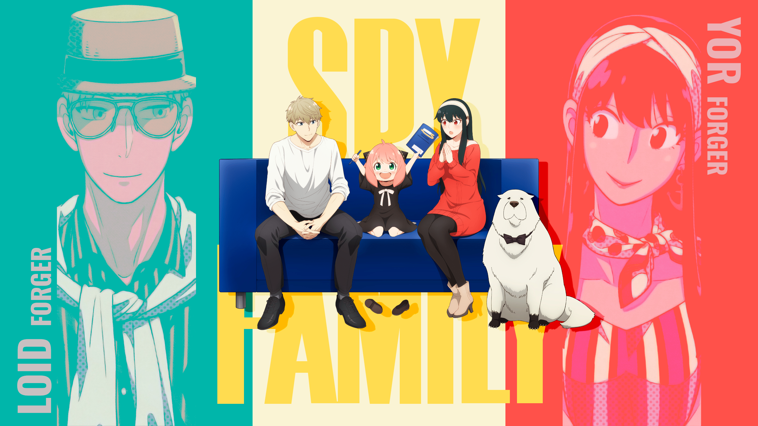 2560x1440 Wallpaper, Spy x Family, Anya Forger, Loid Forger, Yor Forger, smiling, anime boys, anime girls, dog, Desktop