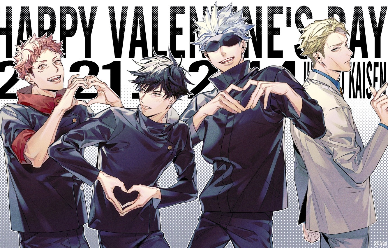 1340x850 Wallpaper hearts, guys, Happy Valentines Day, Jujutsu Kaisen, Satoru Gojou, Megumi Fushiguro, Yuuji Itadori, Kento Nanami image for desktop, section арт, Desktop