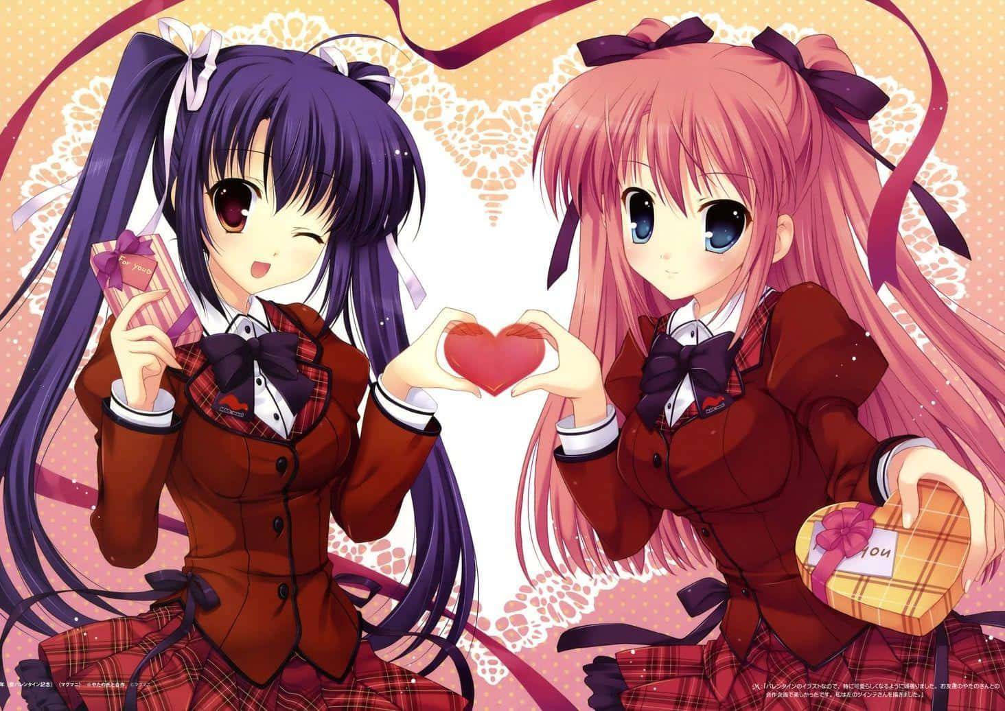 1470x1040 Download Two Anime Girls Holding Hearts, Desktop