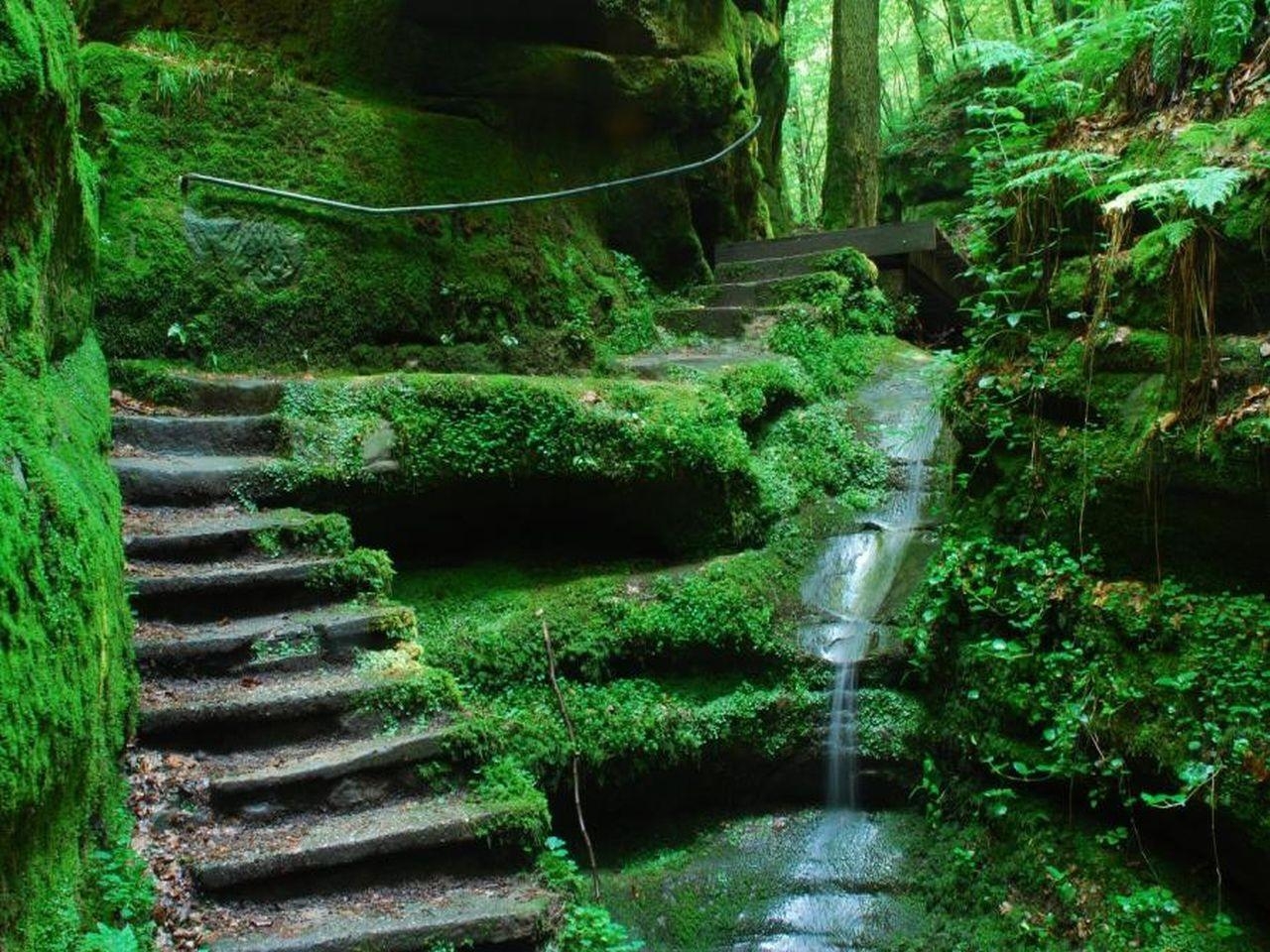 1280x960 Waterfalls: Paradise Greenery Forest Steps Waterfall Wallpaper, Desktop