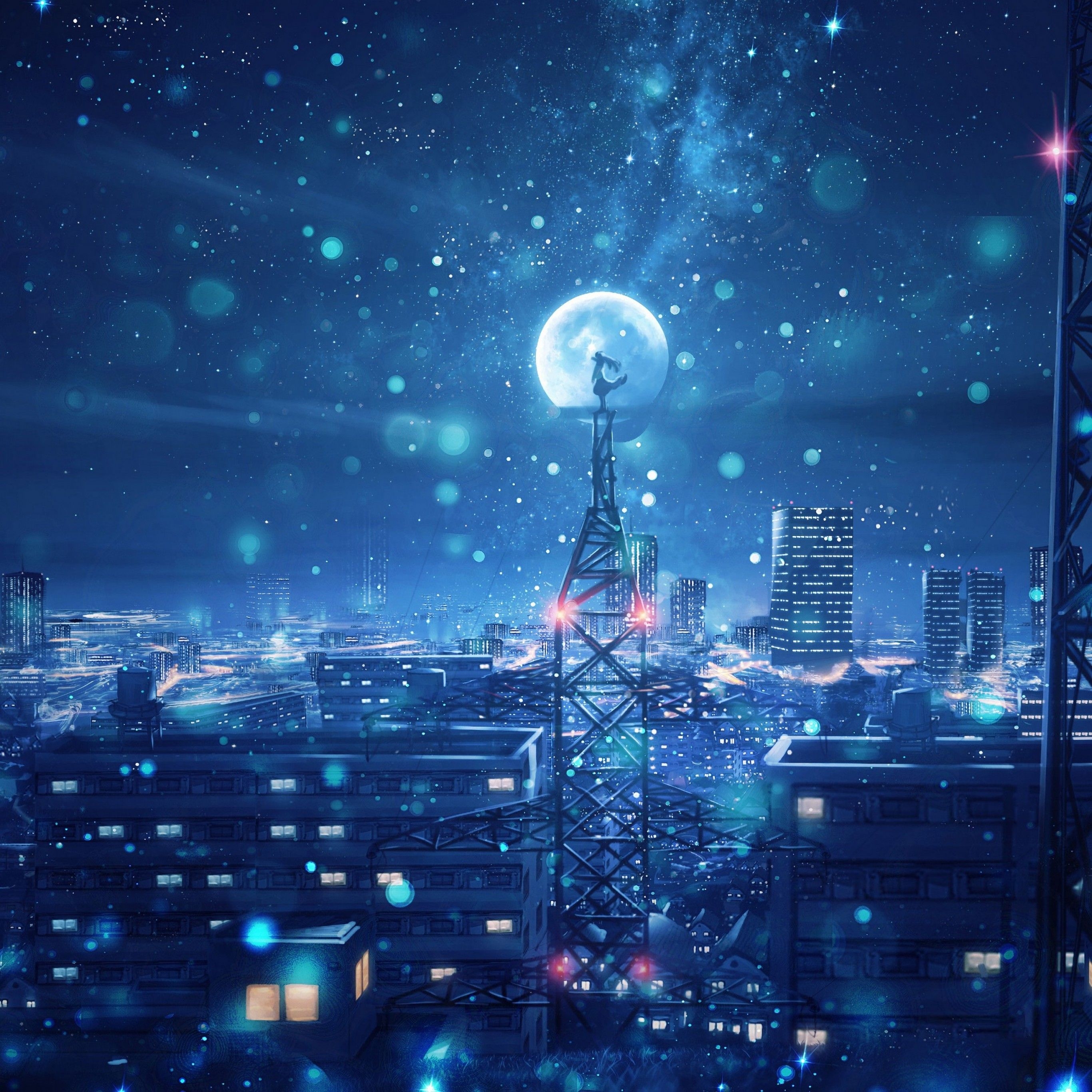 2740x2740 Dream 4K Wallpaper, Blue, Cityscape, Snowfall, Moon, Cold night, Fantasy, Phone