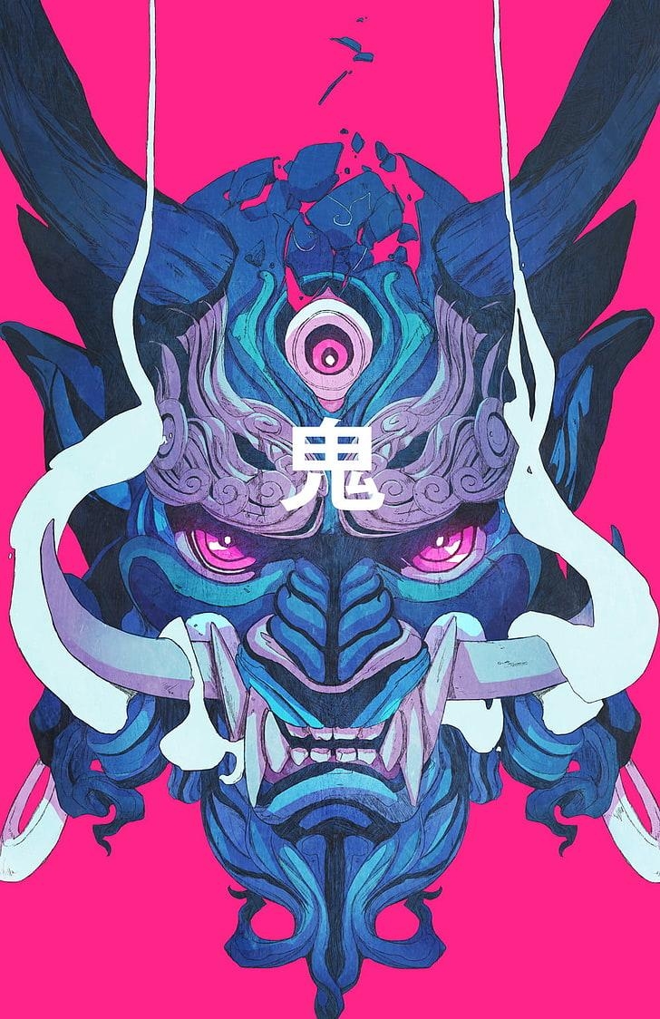 730x1130 HD wallpaper: blue and gray oni mask digital wallpaper, demon, samurai, Chun Lo, Phone