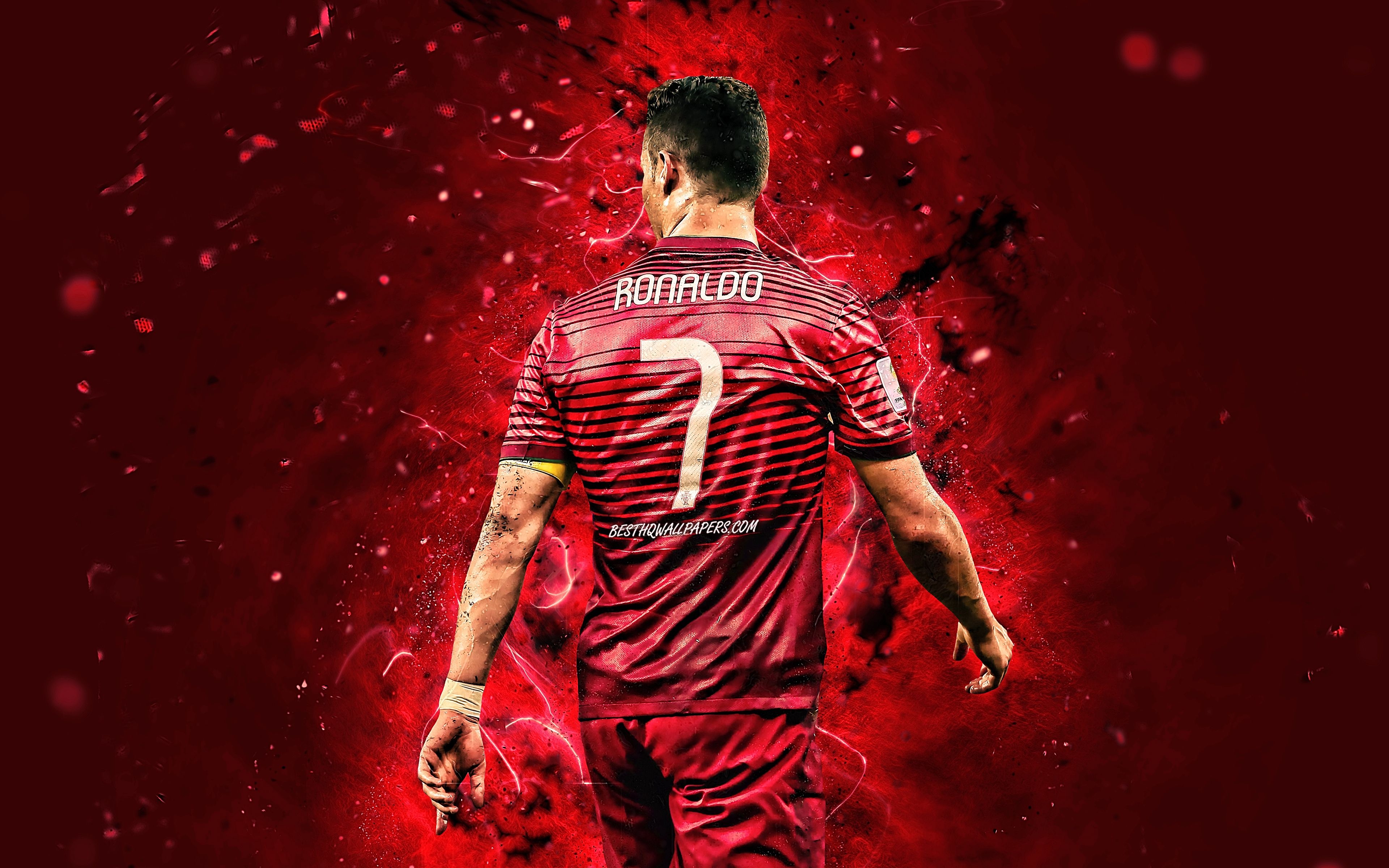 3840x2400 Download wallpaper Cristiano Ronaldo, 4k, back view, Portugal National Team, soccer, CR neon lights, Ronaldo back view, Portuguese football team for desktop with resolution. High Quality HD picture wallpaper, Desktop