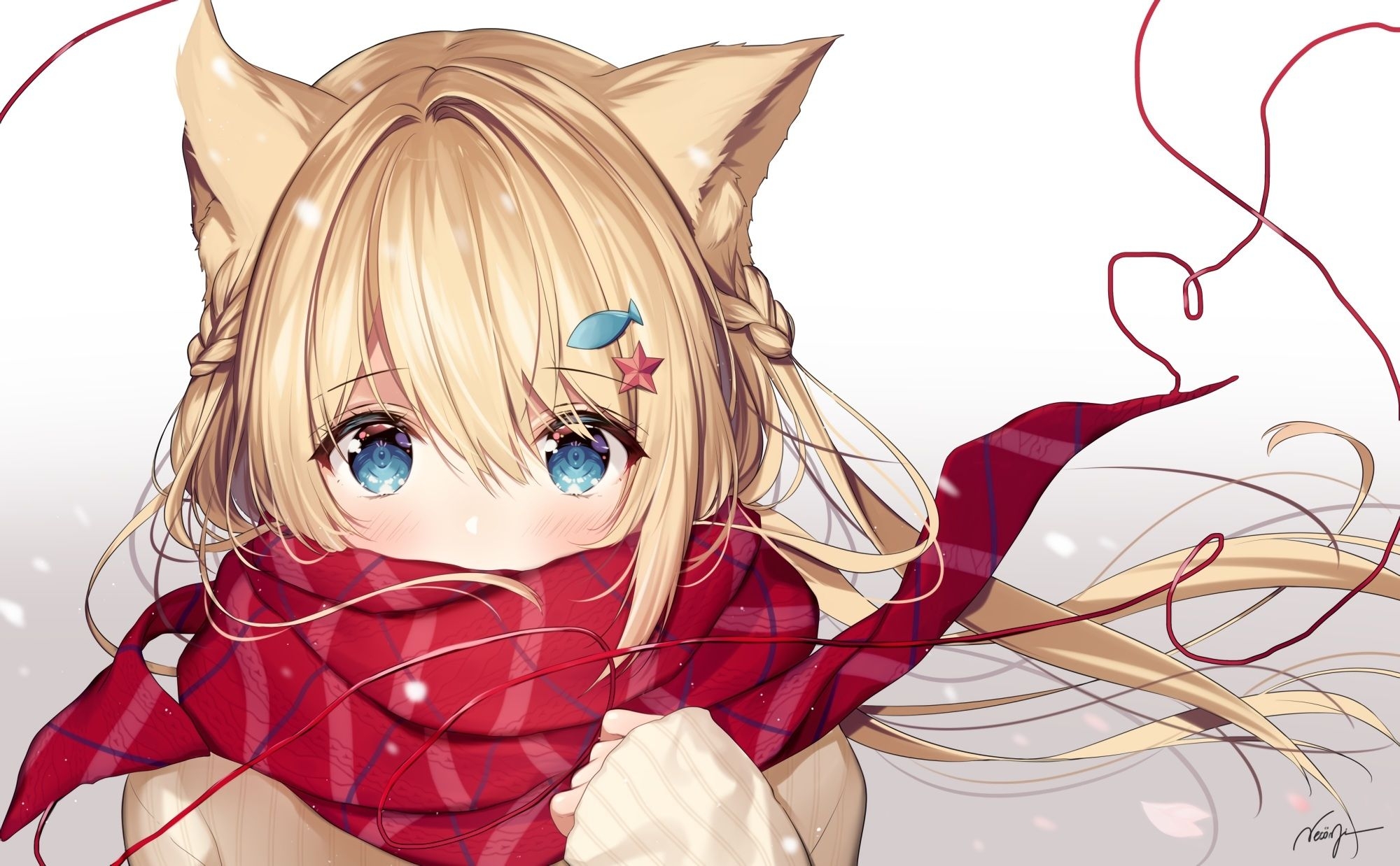 2000x1240 Download  Anime Cat Girl, Blonde, Red Scarf, Animal Ears, Desktop