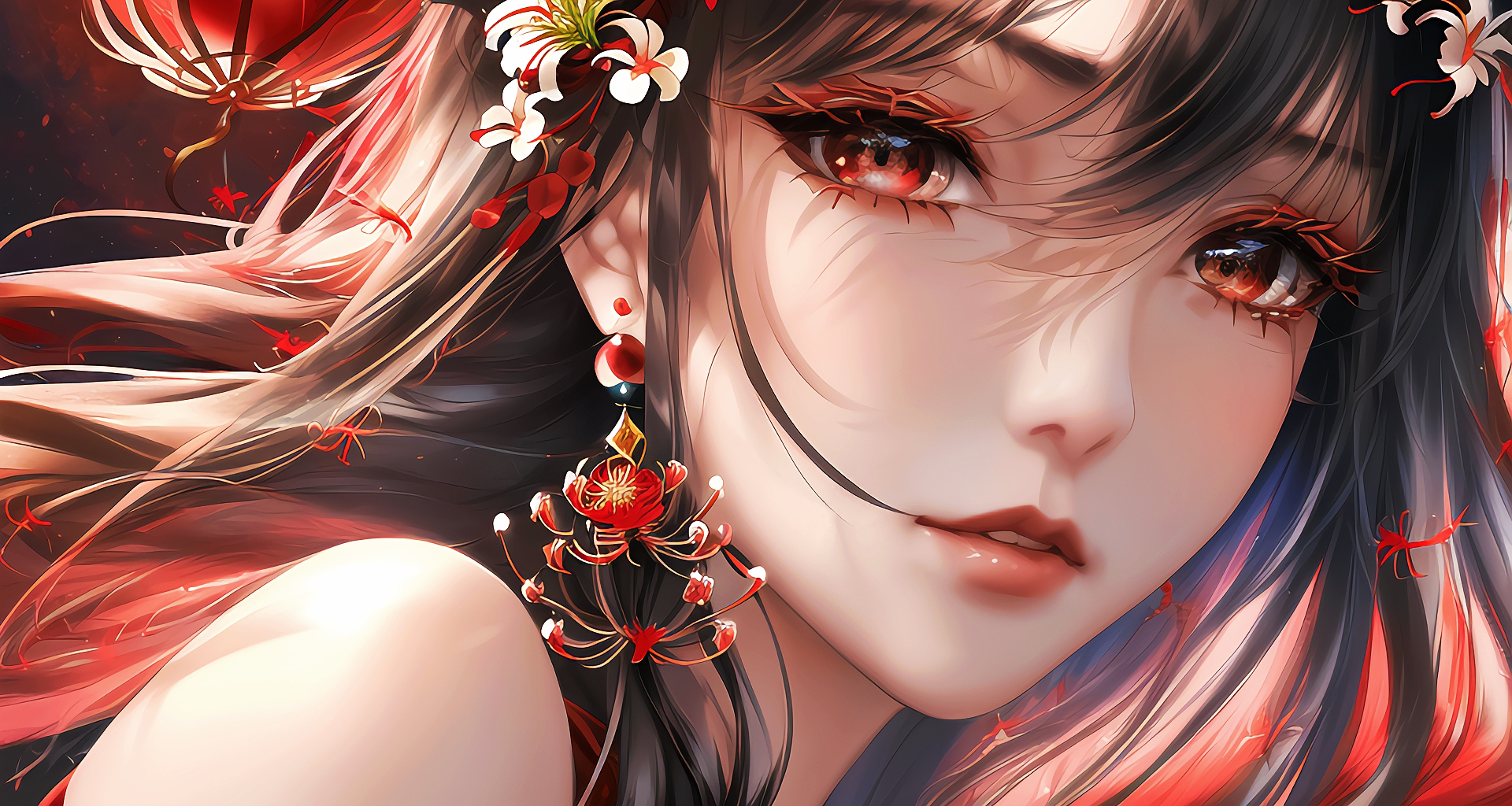 1920x1030 Wallpaper, ai art, higanbana, earring, red eyes, long hair, anime girls, flower in hair, flowers, looking at viewer, Desktop