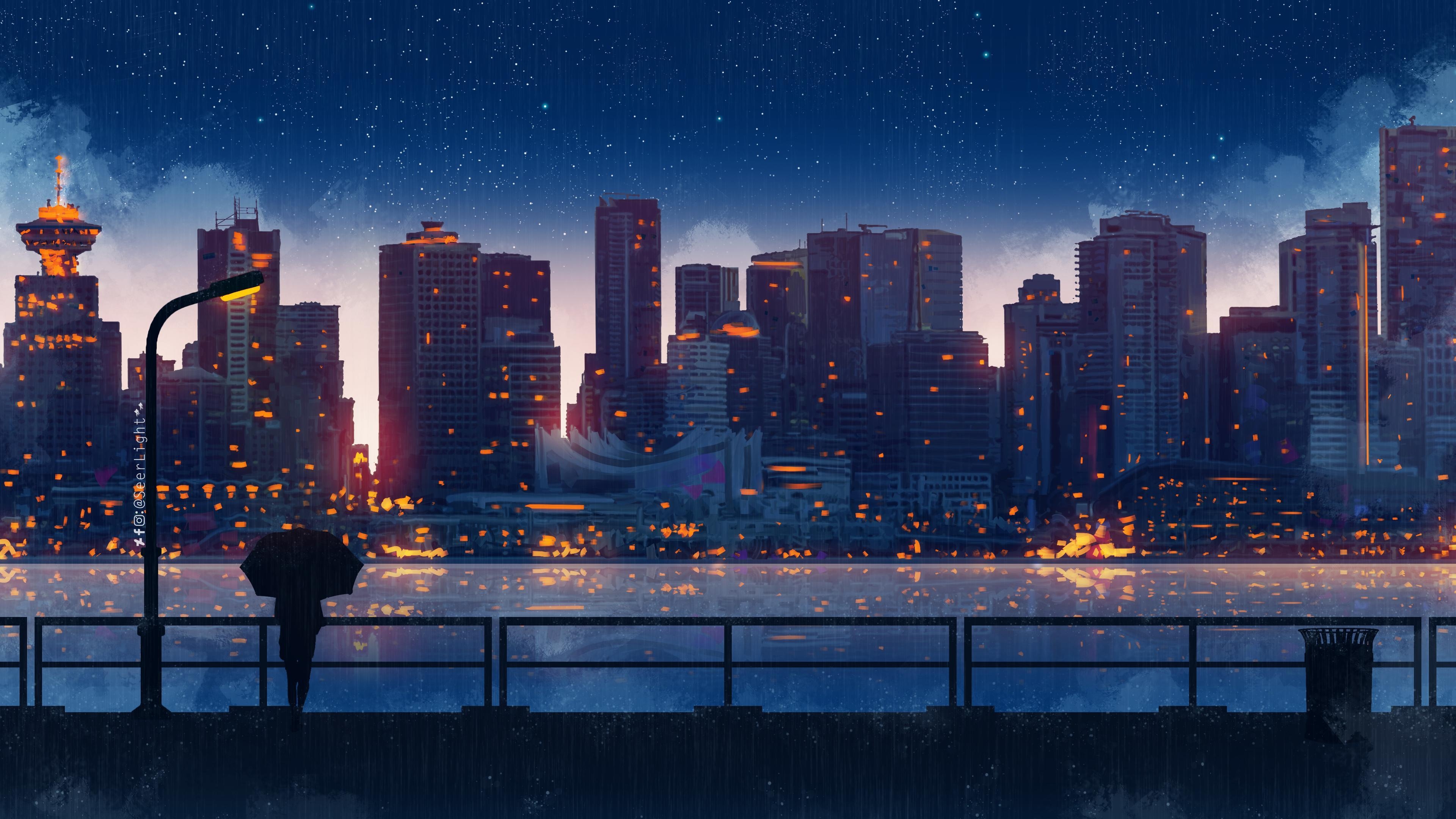 3840x2160 Wallpaper 4k Anime City Lights Night Rain Umbrella Sky 4k 4k, Desktop