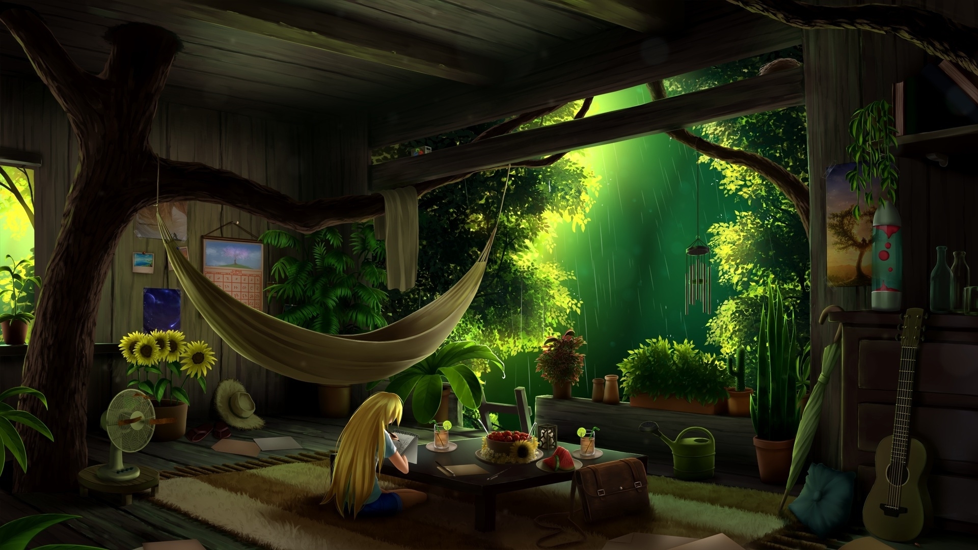 1920x1080 Wallpaper Blonde, Tree, Mood, Botanical Room, Anime Girl, Studying, Raining:, Desktop