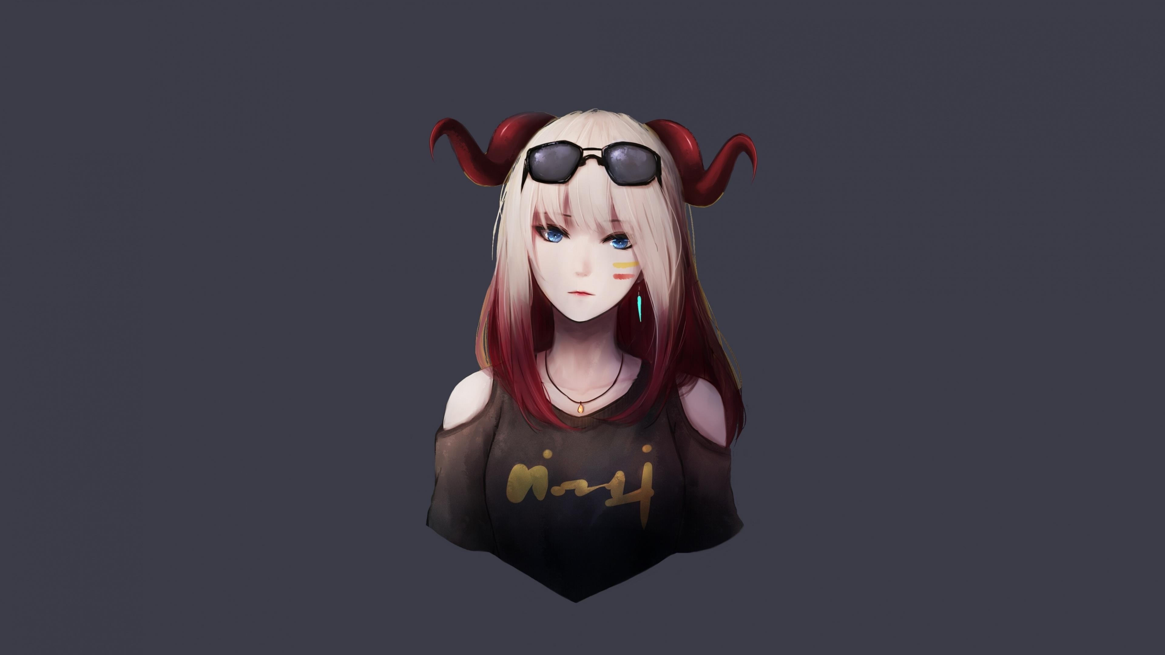 3840x2160 Download  wallpaper devil, anime girl, red horns, art, 4k, Desktop