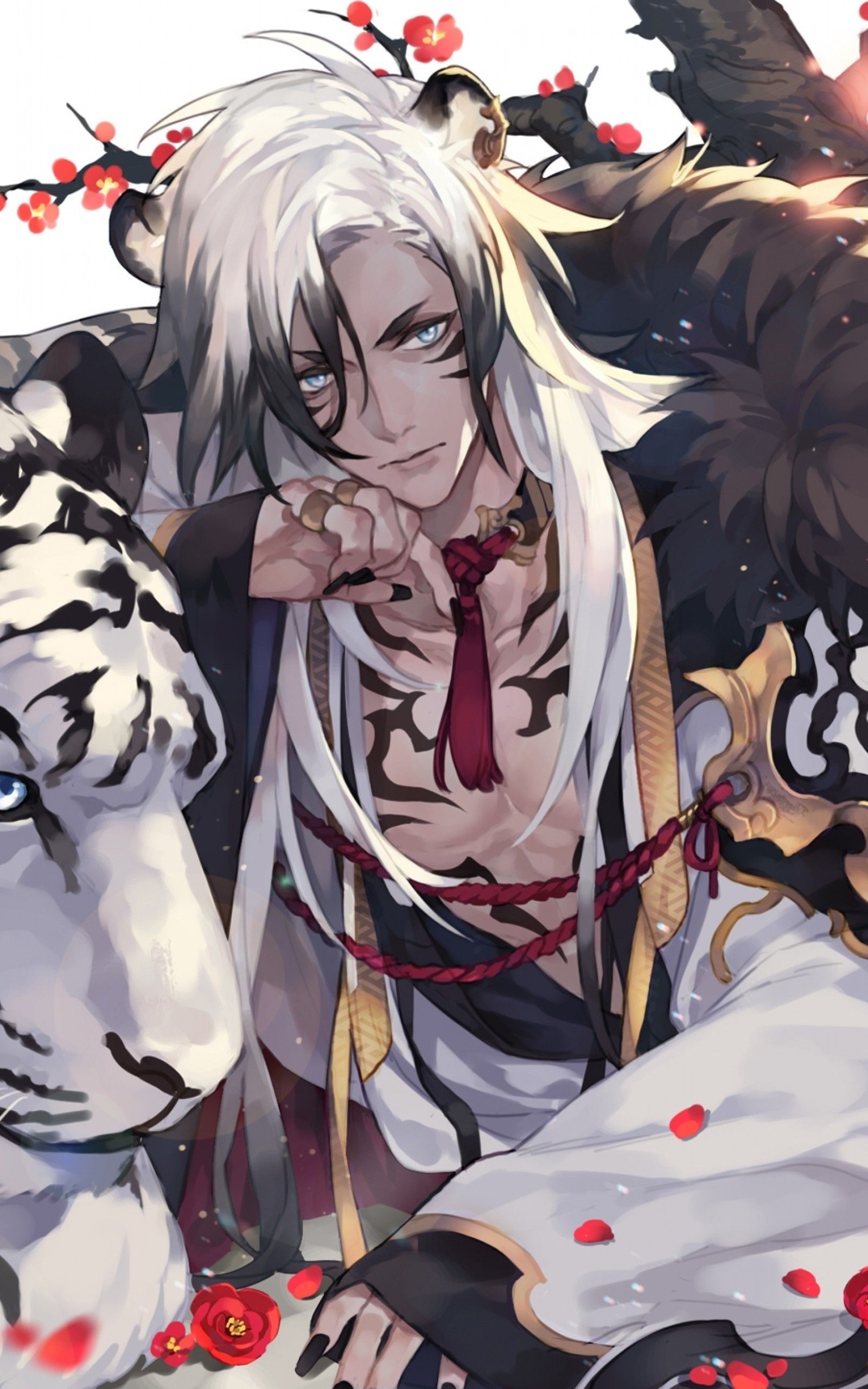 1600x2560 Download  White Tiger, Anime Boy, Shoujo, Red Flowers, Phone