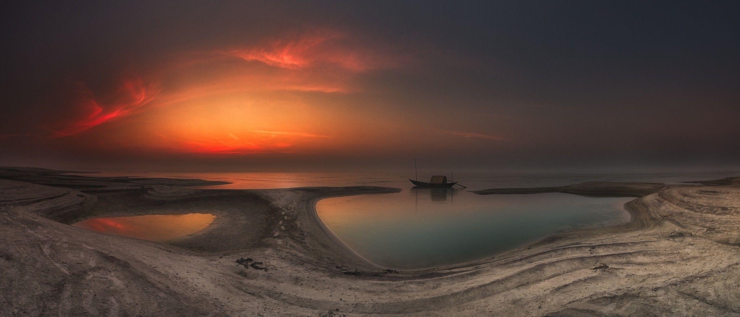 2500x1080 photography, Nature, River, Island, Boat, Morning, Sunlight, Sky, Dual Screen