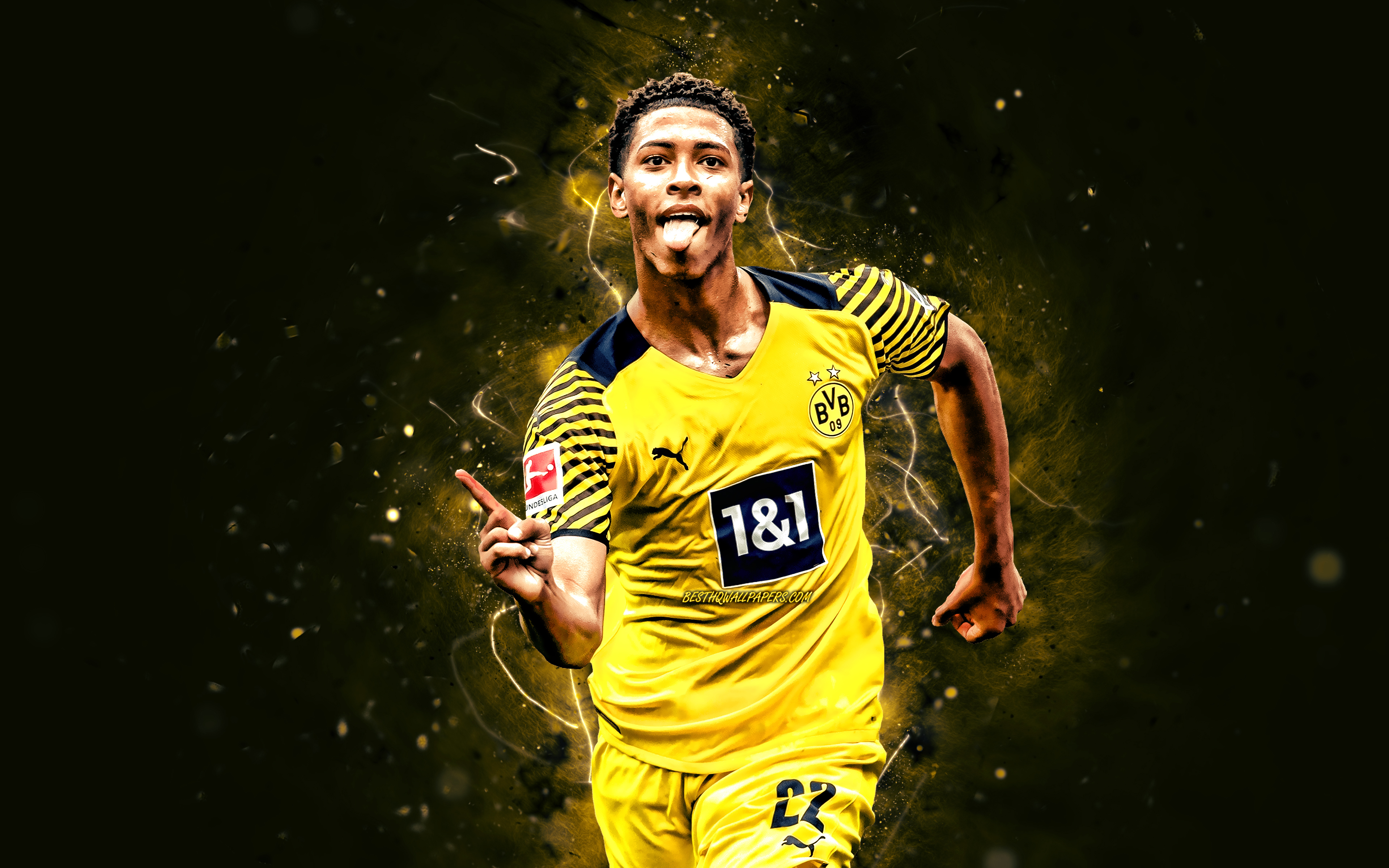 3840x2400 Download wallpaper Jude Bellingham, 4K, Borussia Dortmund FC, yellow neon lights, english footballers, BVB, soccer, Bundesliga, football, Jude Bellingham BVB, Jude Bellingham 4K for desktop with resolution. High Quality HD, Desktop