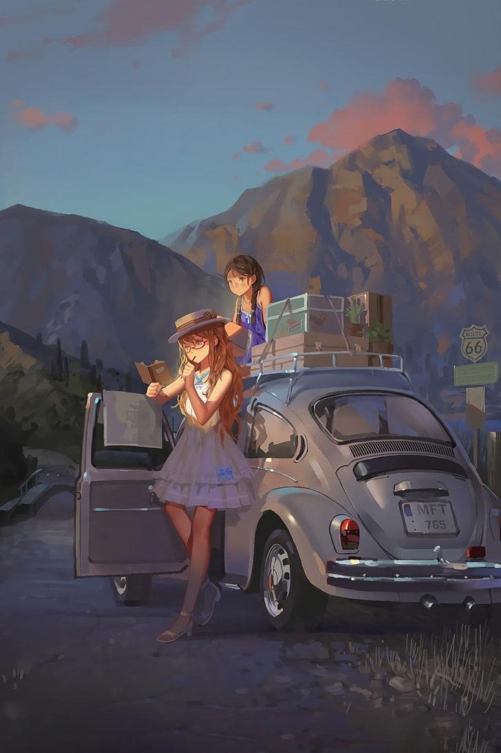 730x1100 HD wallpaper: phone, anime girls, white dress, car, redhead, mountains, Trip, Phone