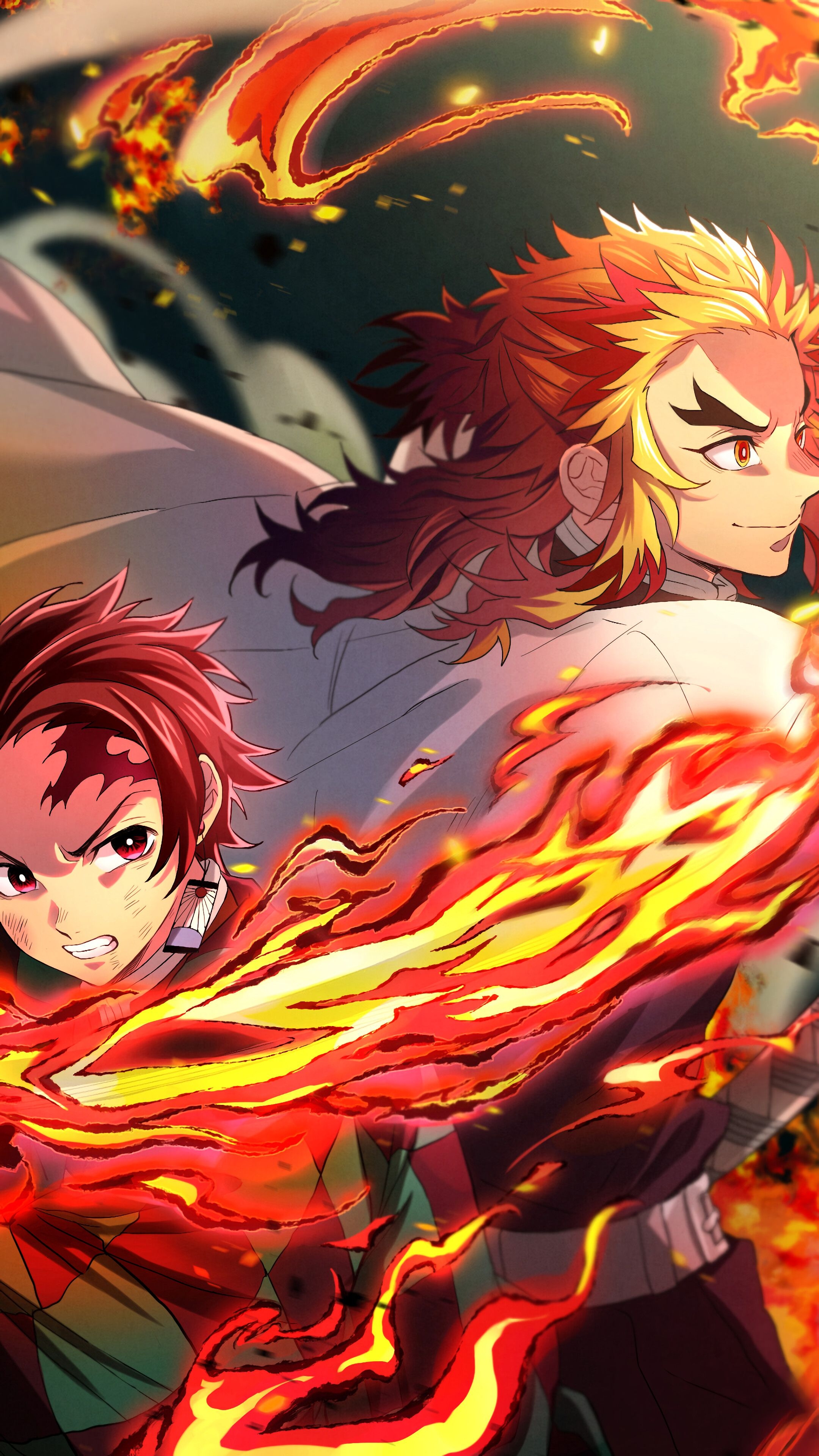 2160x3840 Tanjiro and Kyojuro Rengoku, Flames, Katana, Kimetsu no, Phone