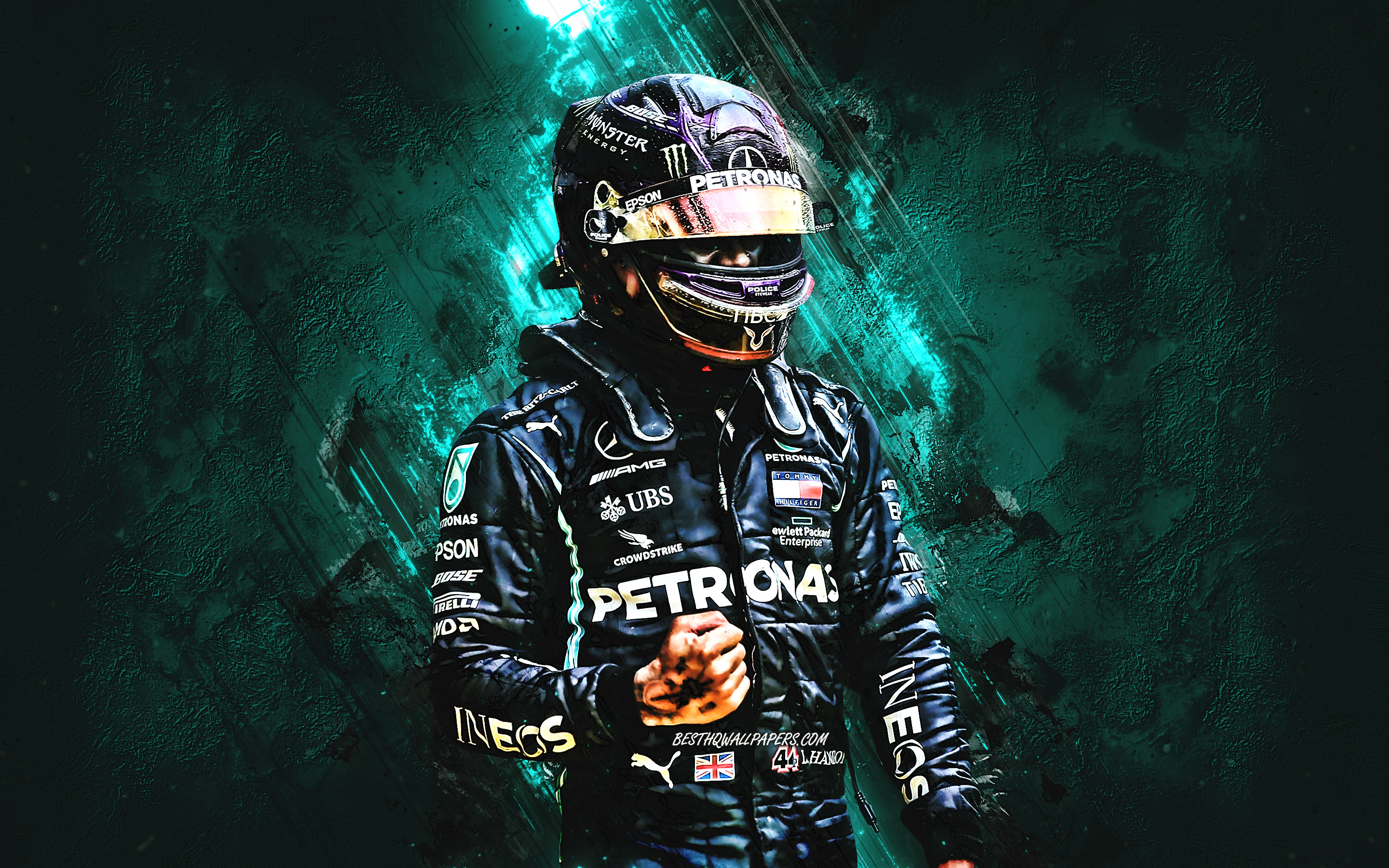 2880x1800 Download wallpaper Lewis Hamilton, Mercedes AMG Petronas F1 Team, 7 times F1 world champion, Formula turquoise stone background for desktop with resolution. High Quality HD picture wallpaper, Desktop