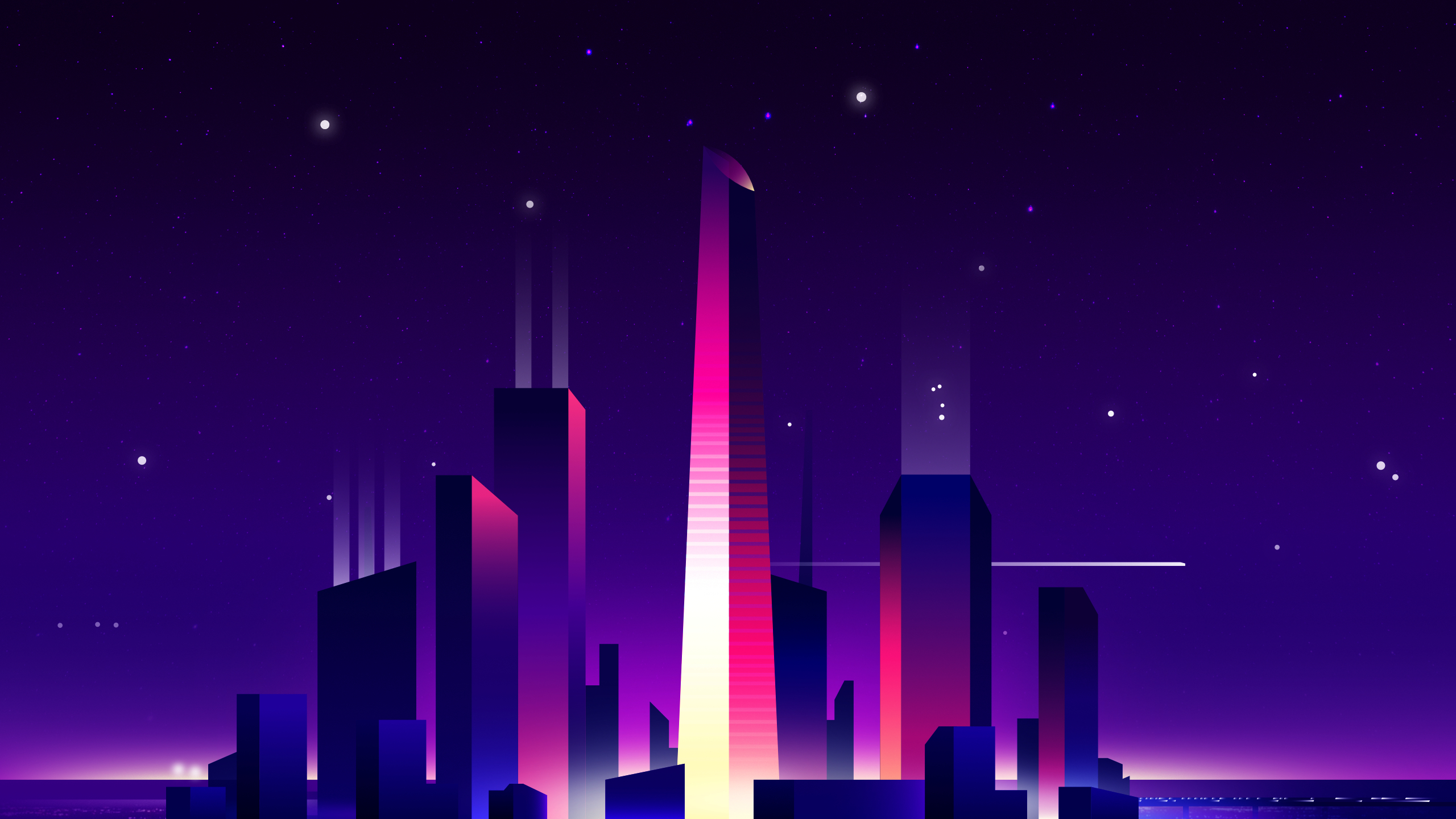 2560x1440 Wallpaper, vector graphics, cityscape, purple, sky, digital art, Desktop