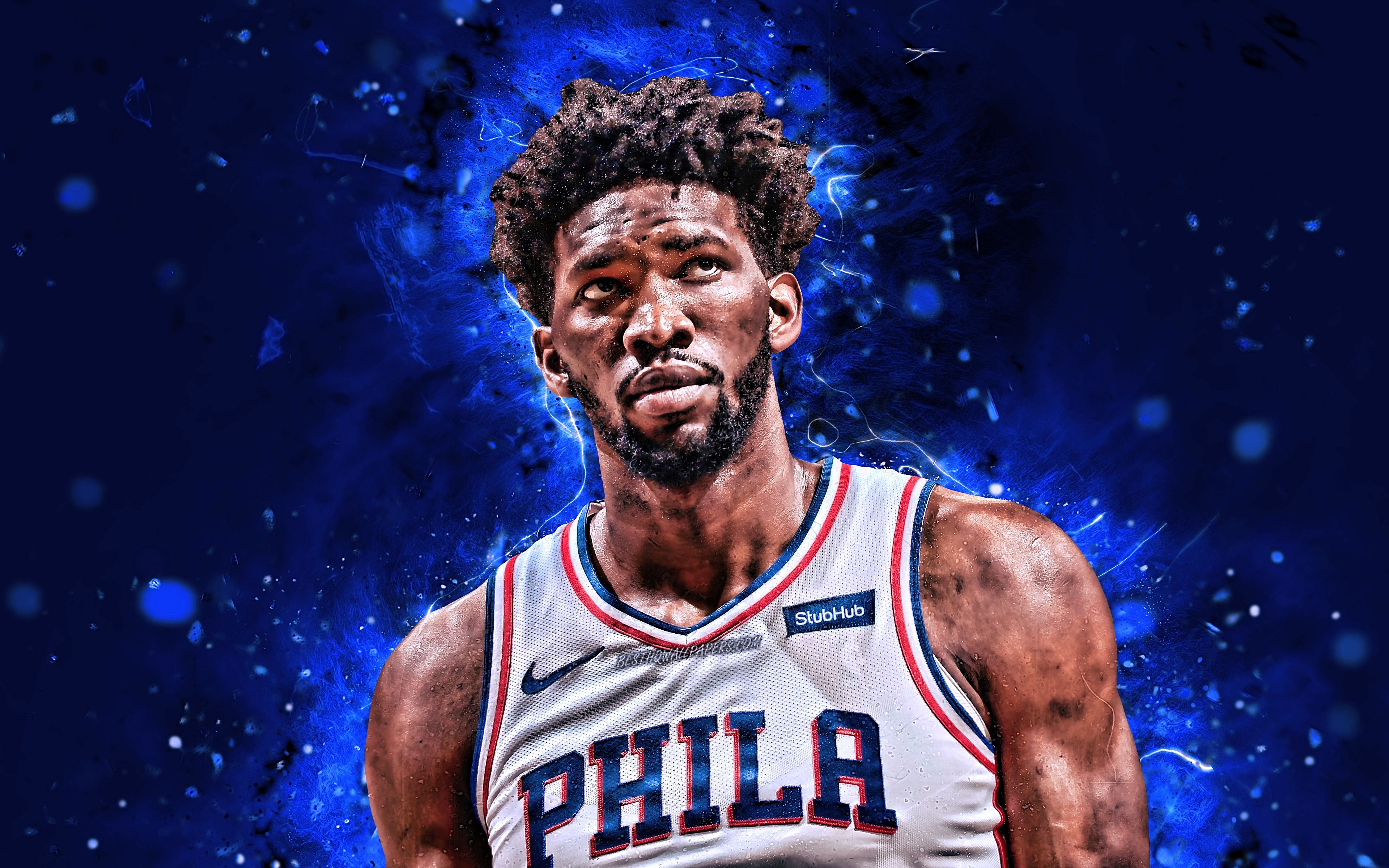 3840x2400 Download wallpaper Joel Embiid, 4k, NBA, Philadelphia 76ers, basketball stars, white uniform, Joel Hans Embiid, neon lights, basketball, creative, Joel Embiid 76ers for desktop with resolution. High Quality HD picture wallpaper, Desktop