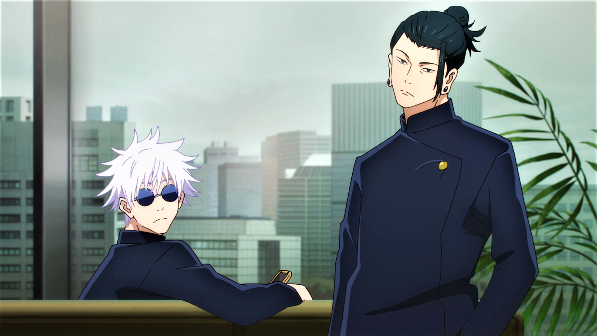 1920x1080 Wallpaper, Jujutsu Kaisen, Satoru Gojo, Suguru Geto, uniform, Bun, white hair, glasses, earring, building, Anime screenshot, anime boys, frown, leaves, looking at viewer, Desktop