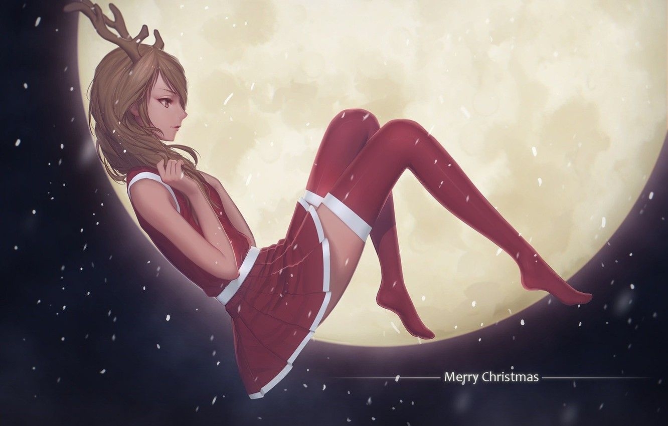 1340x850 Wallpaper girl, the moon, Anime, merry christmas image for desktop, section сёдзё, Desktop