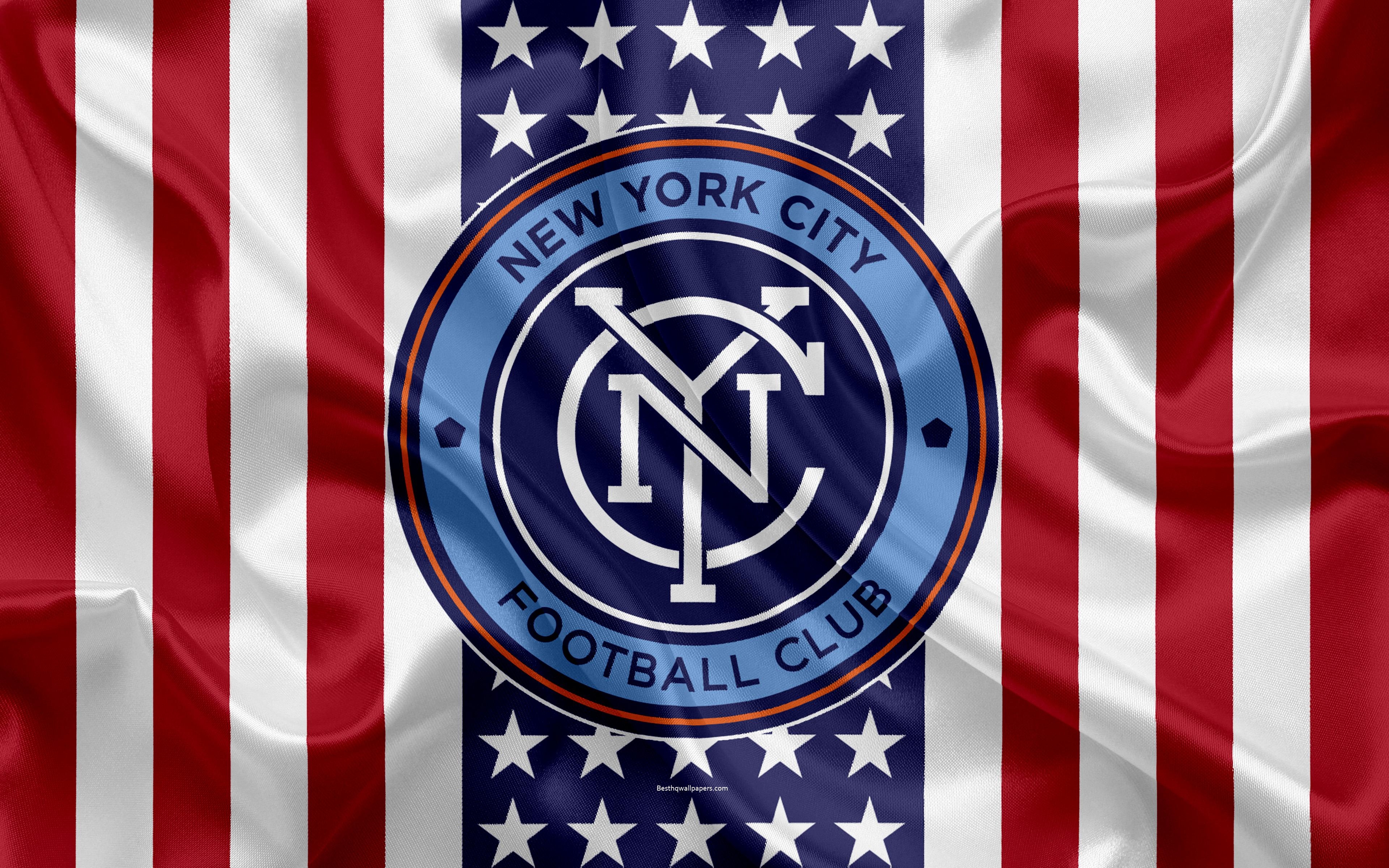 3840x2400 Download wallpaper New York City FC, 4k, logo, silk texture, Desktop