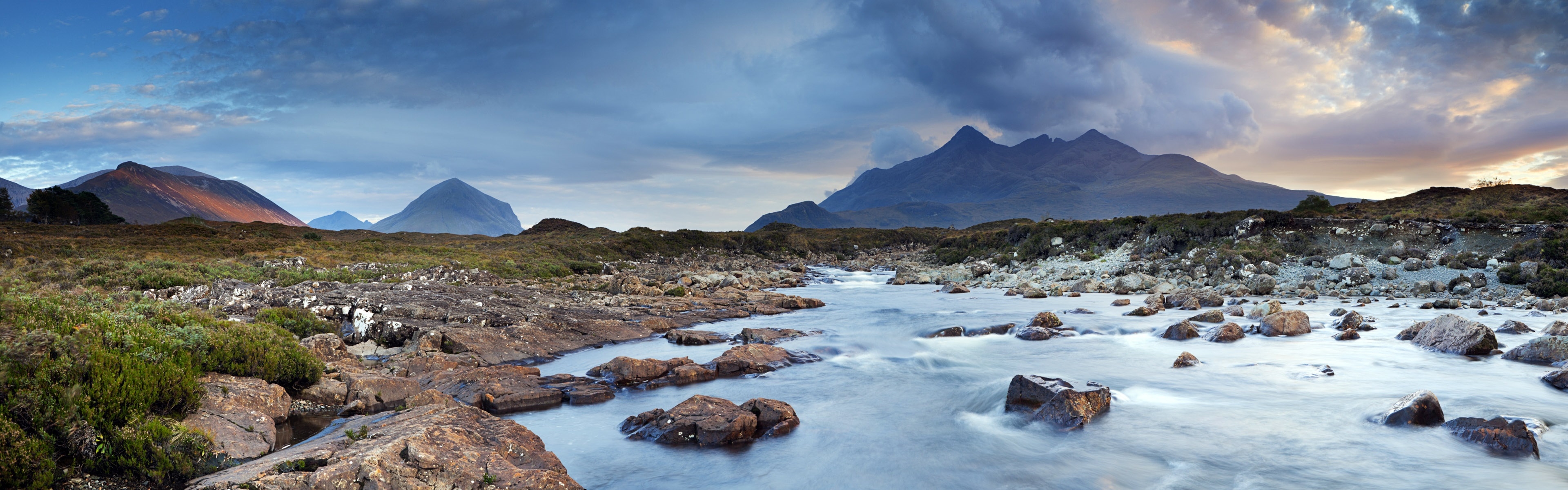 3840x1200 Wallpaper Cuillin, Isle of Skye, Scotland, UK, water, clouds, Dual Screen