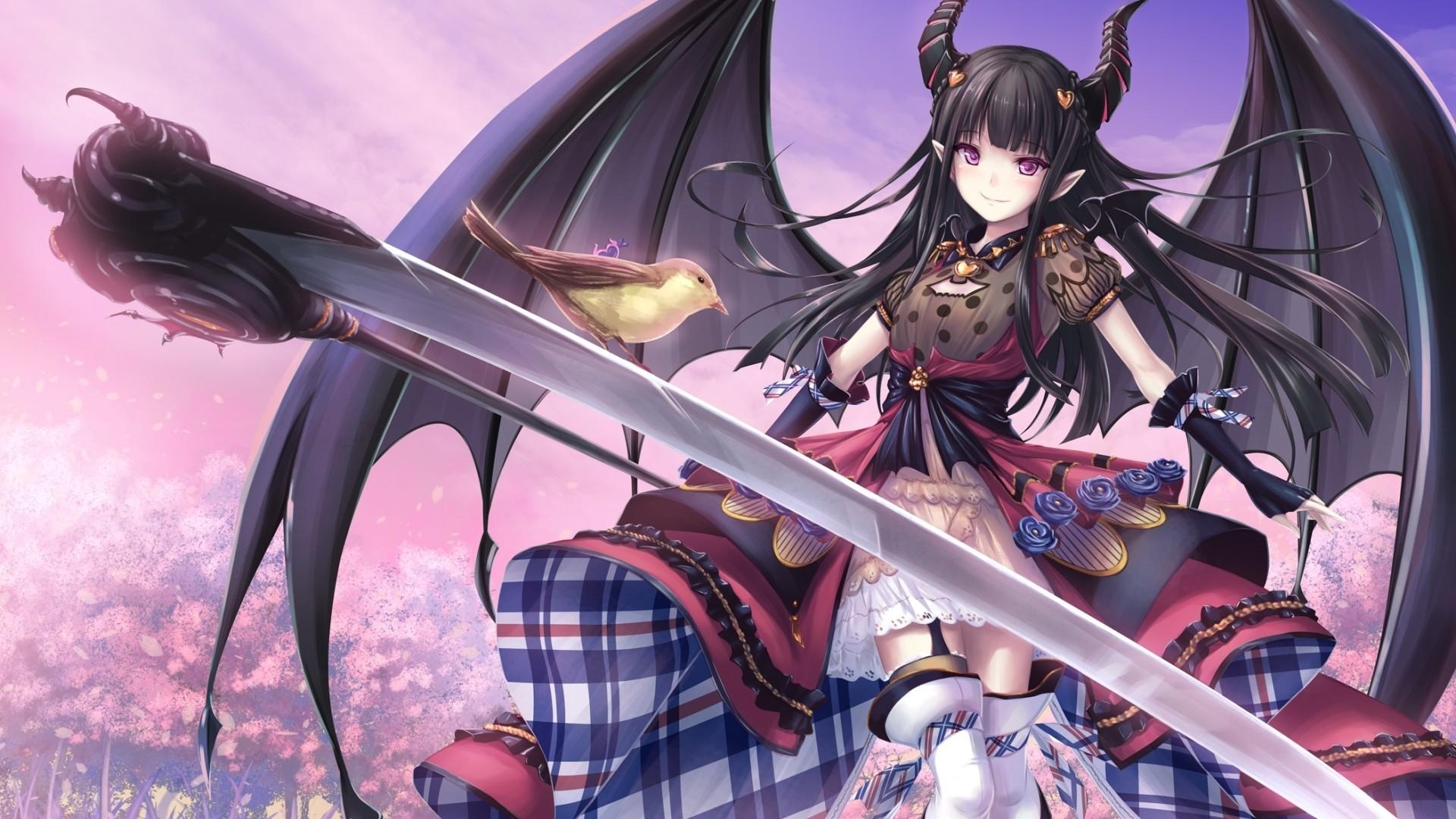 1920x1080 Download  Anime Girl, Devil, Horns, Black Wings, Desktop