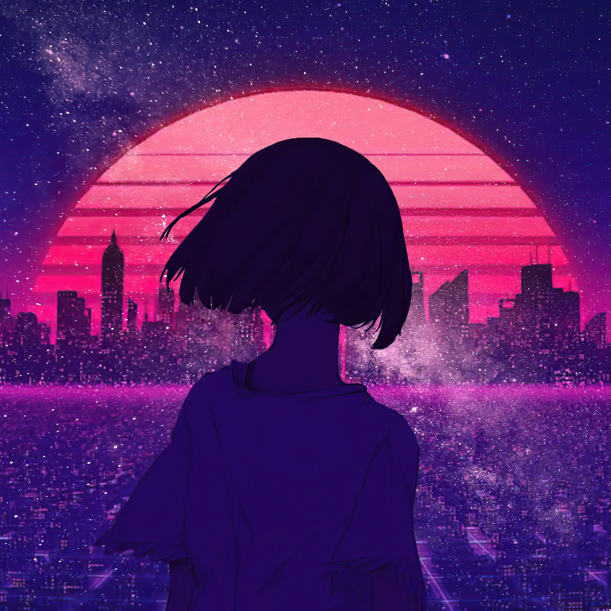 2050x2050 Art Girl Sunset Anime Wallpaper, Phone