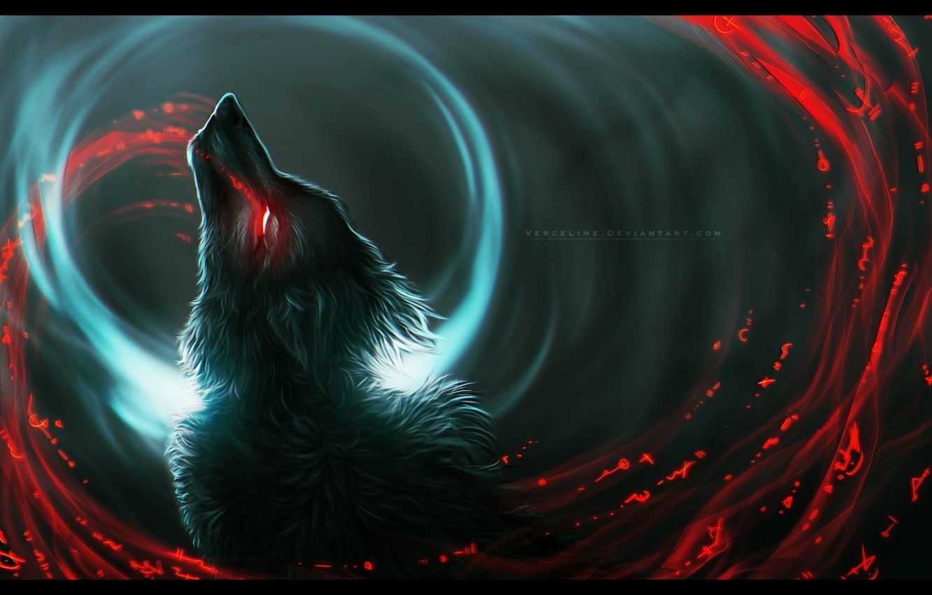 1340x850 Wallpaper wolf, predator, wool, werewolf, art, bloody tears, in the dark, burning eyes, black magic, Vyrosk image for desktop, section фантастика, Desktop