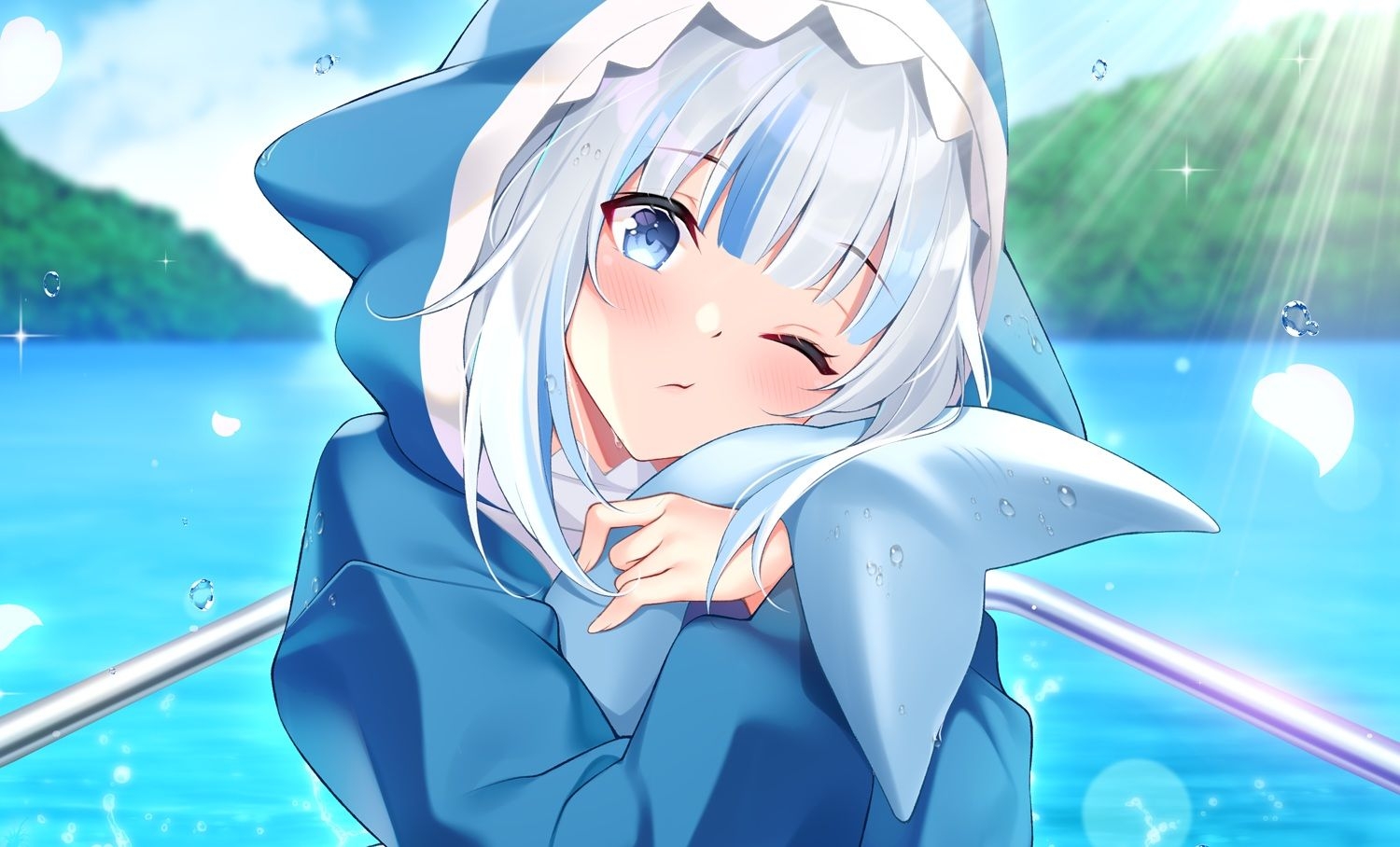 1500x910 blue eyes blush close gawr gura gray hair hololive hoodie panties tail underwear uosaasou water wink. konachan.com.com Anime Wallpaper, Desktop