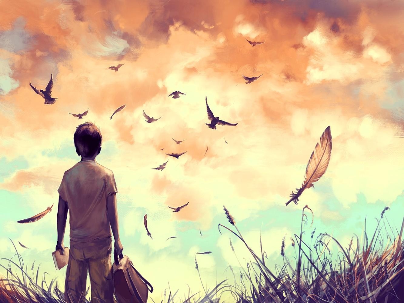 1340x1000 children, #books, #backpacks, #feathers, #birds, #artwork, Desktop