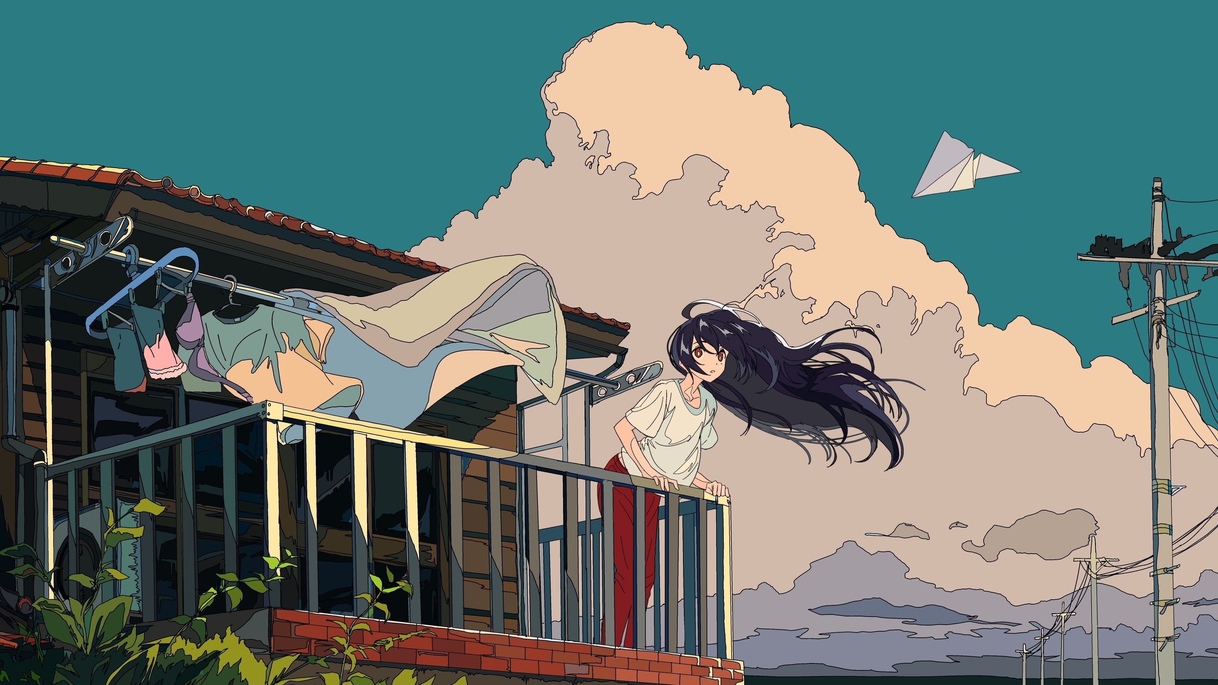 3890x2190 black haired girl anime character illustration #clouds #sky #cloth #buildin. Cute laptop wallpaper, Computer wallpaper desktop wallpaper, Anime scenery wallpaper, Desktop