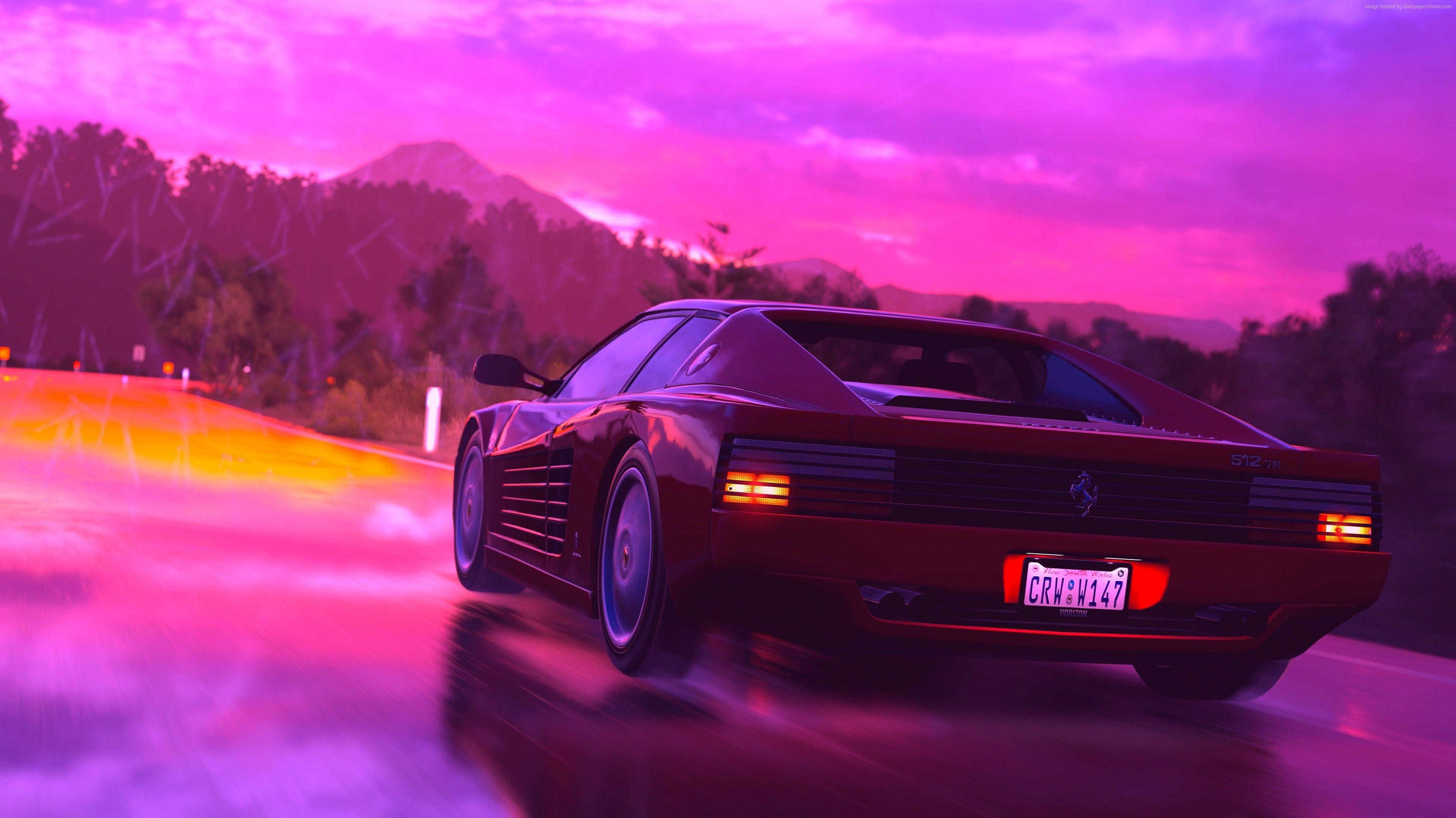 3840x2160 Wallpaper Ferrari Testarossa, retrowave, pink, 4K, Art. Retro, Desktop