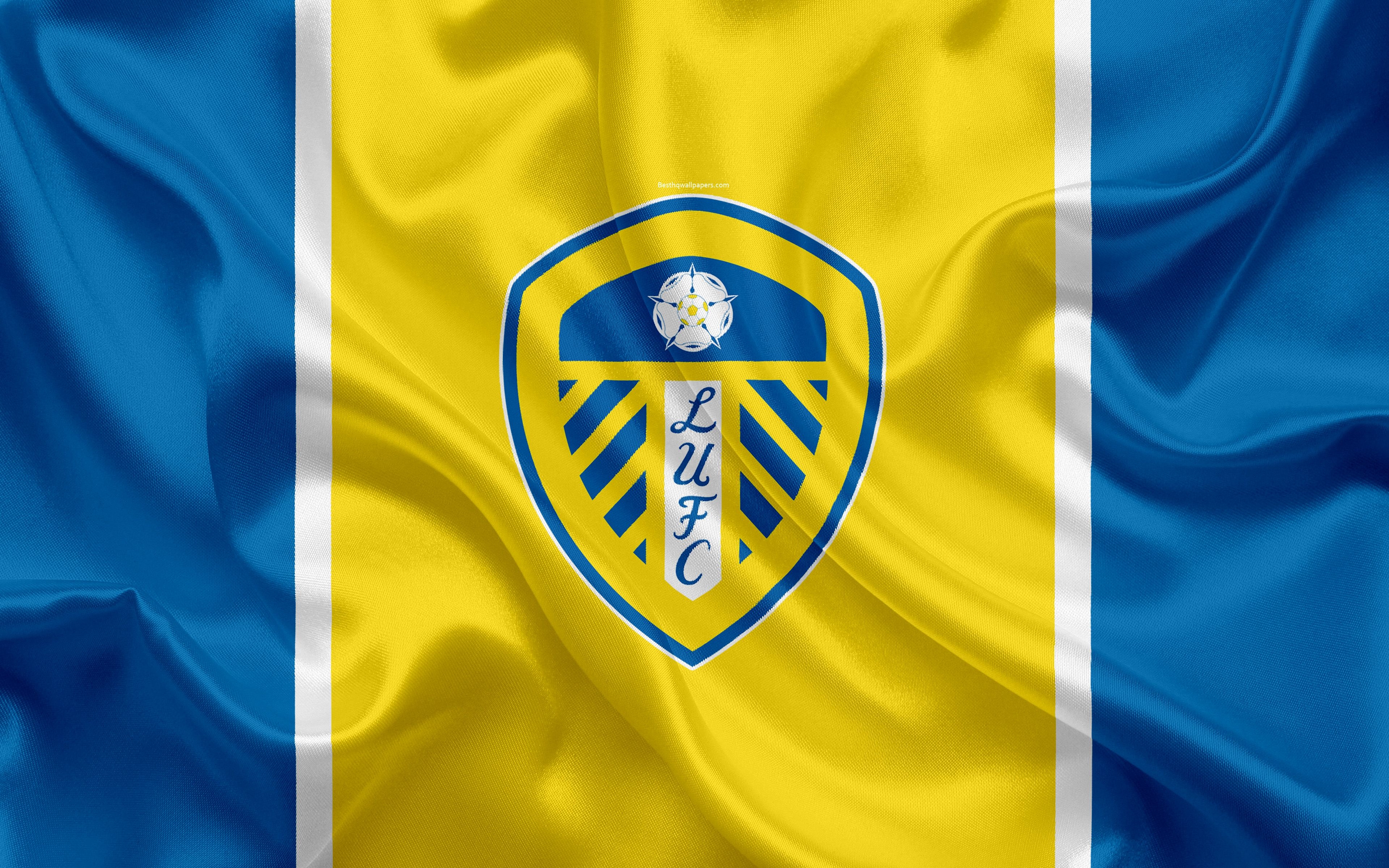 3840x2400 Download wallpaper Leeds United FC, silk flag, emblem, logo, 4k, Desktop