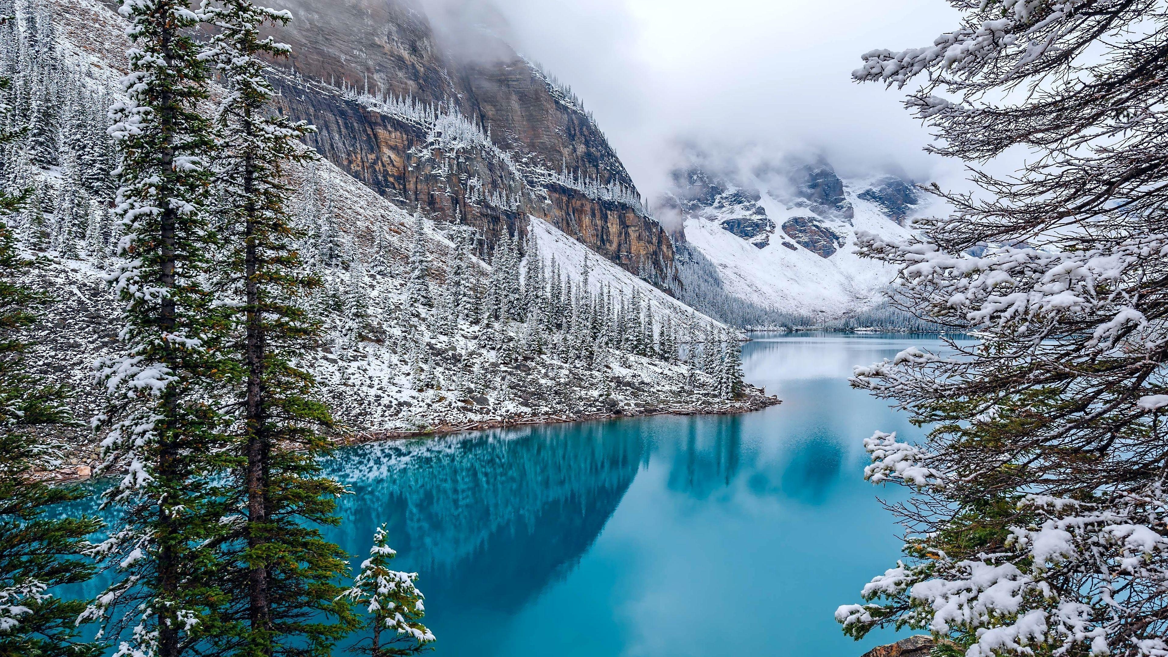 3840x2160 Wallpaper Moraine Lake, Snow, Winter, 4K, Nature, Desktop