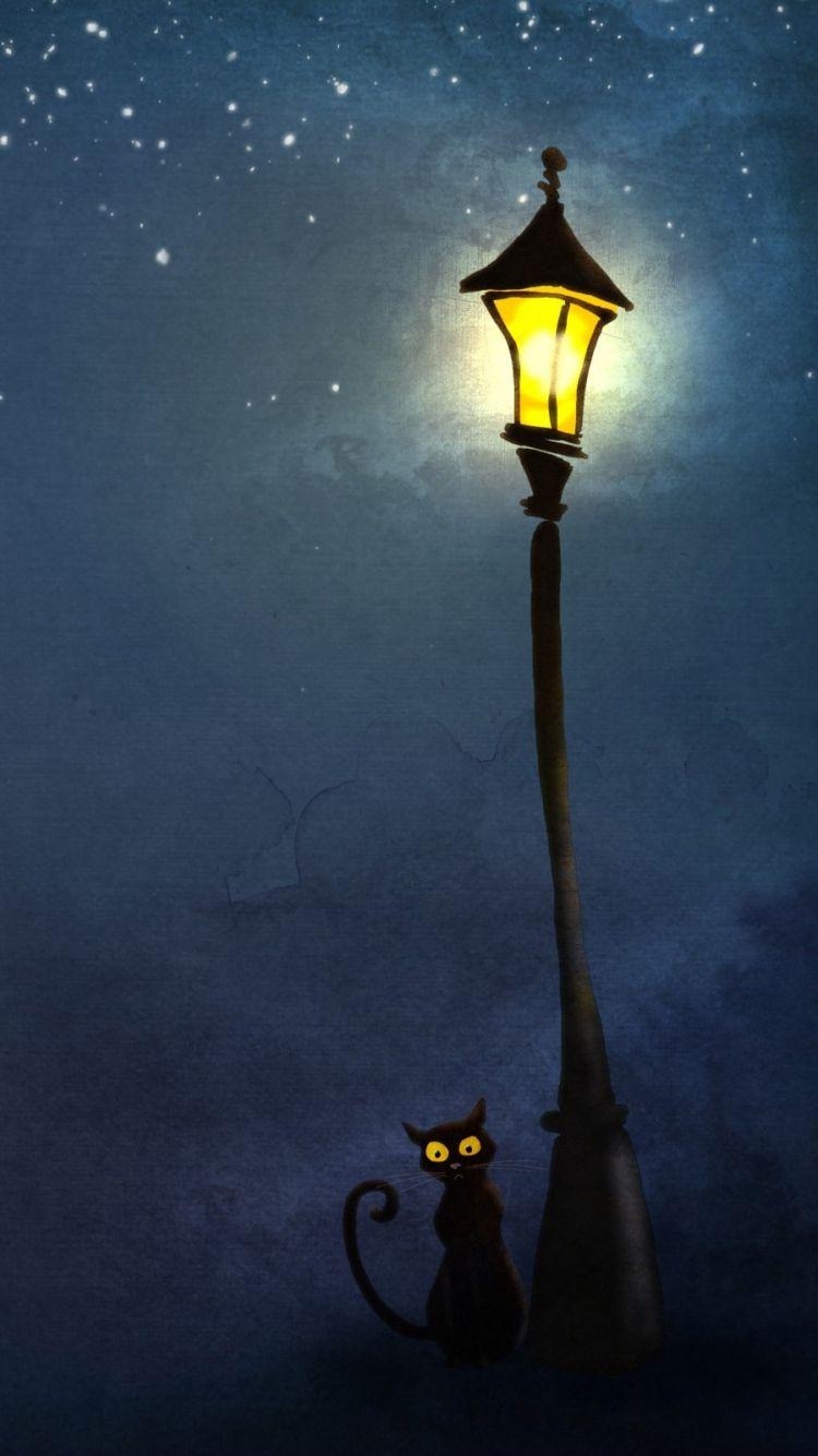 750x1340 Night street light cat art iphone wallpaper hq, Phone