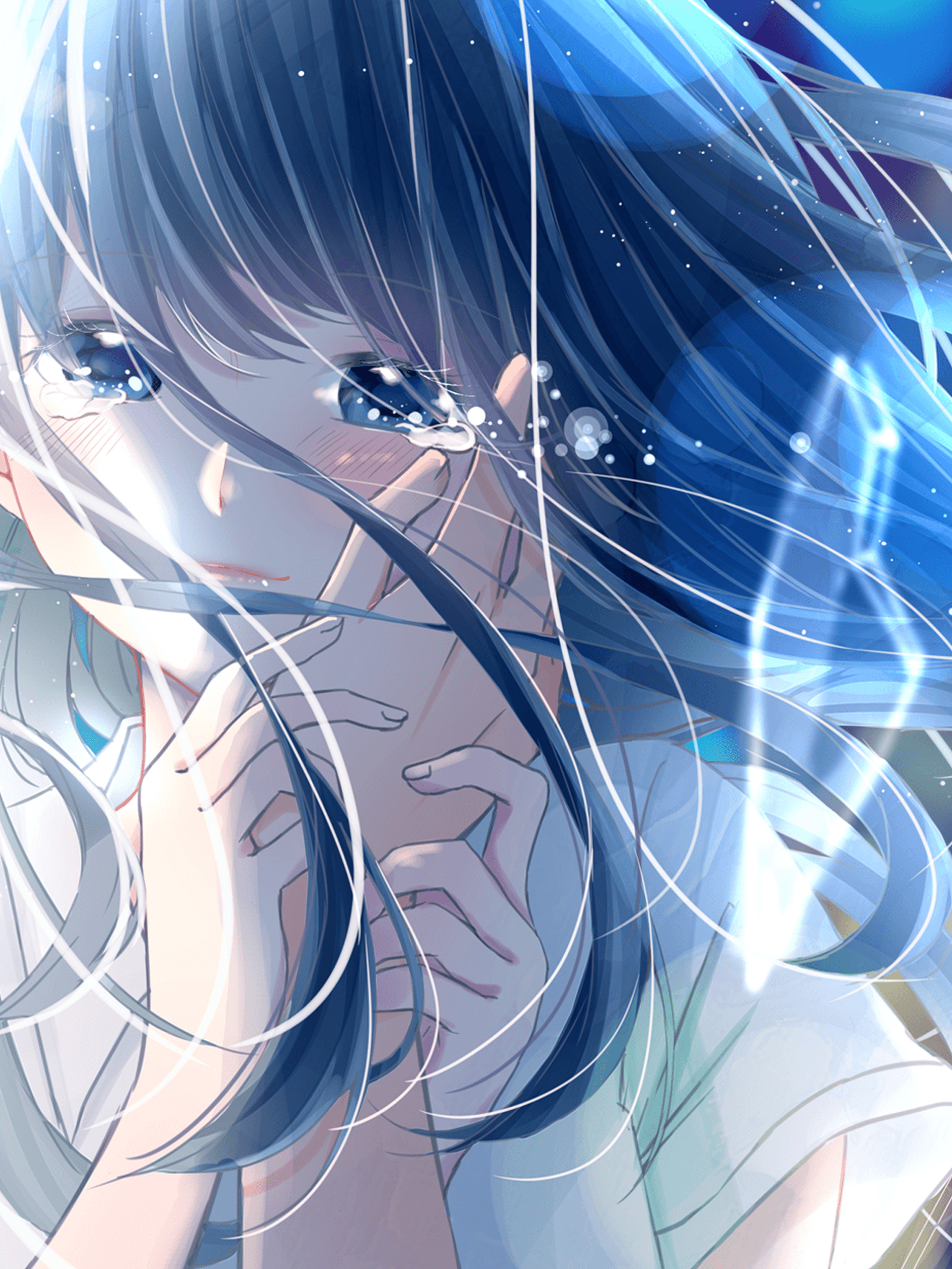 1540x2050 Download  Anime Girl, Crying, Romance, Long Hair, Tears, Phone