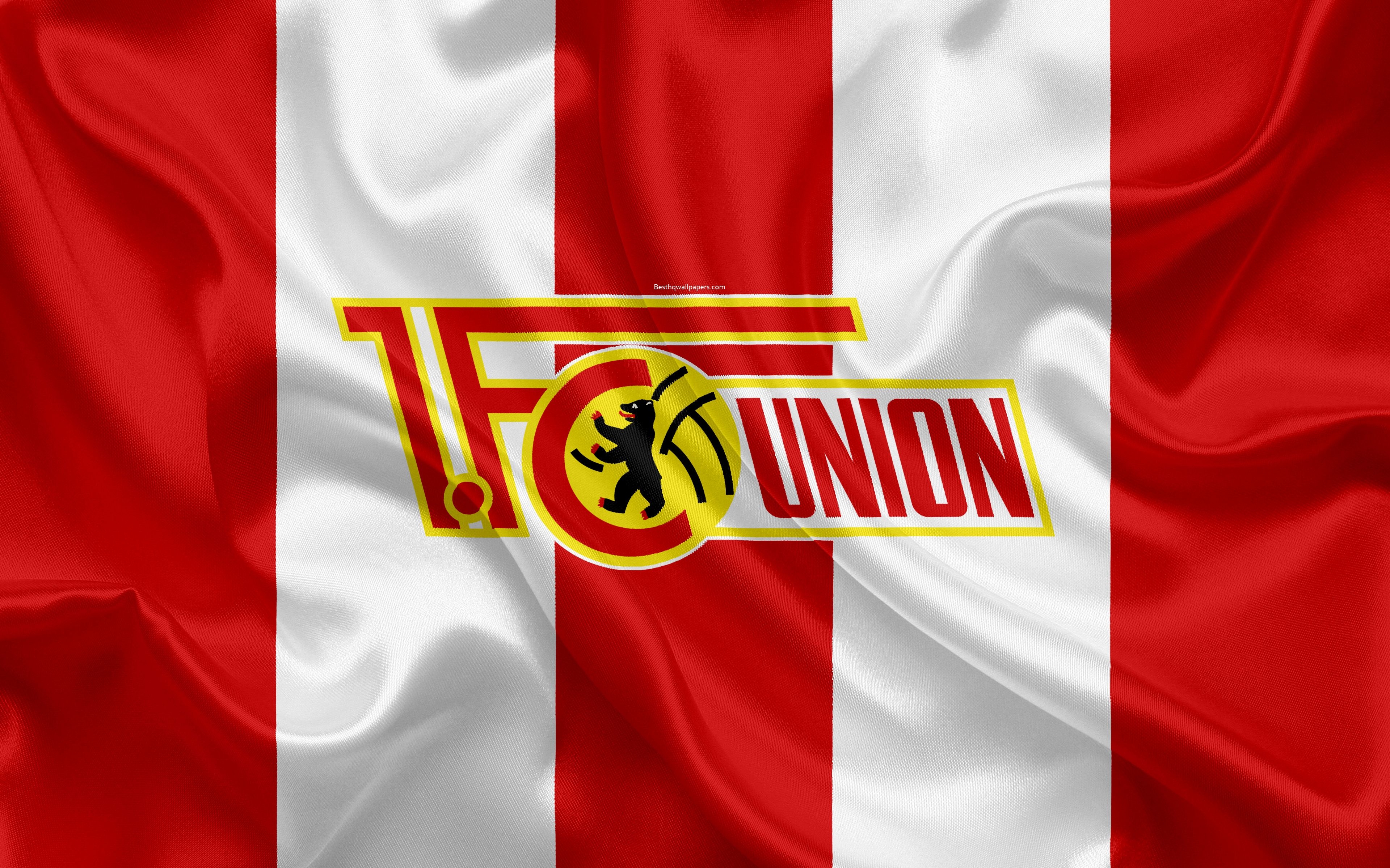 3840x2400 Download wallpaper FC Union Berlin, 4k, red white silk flag, Desktop