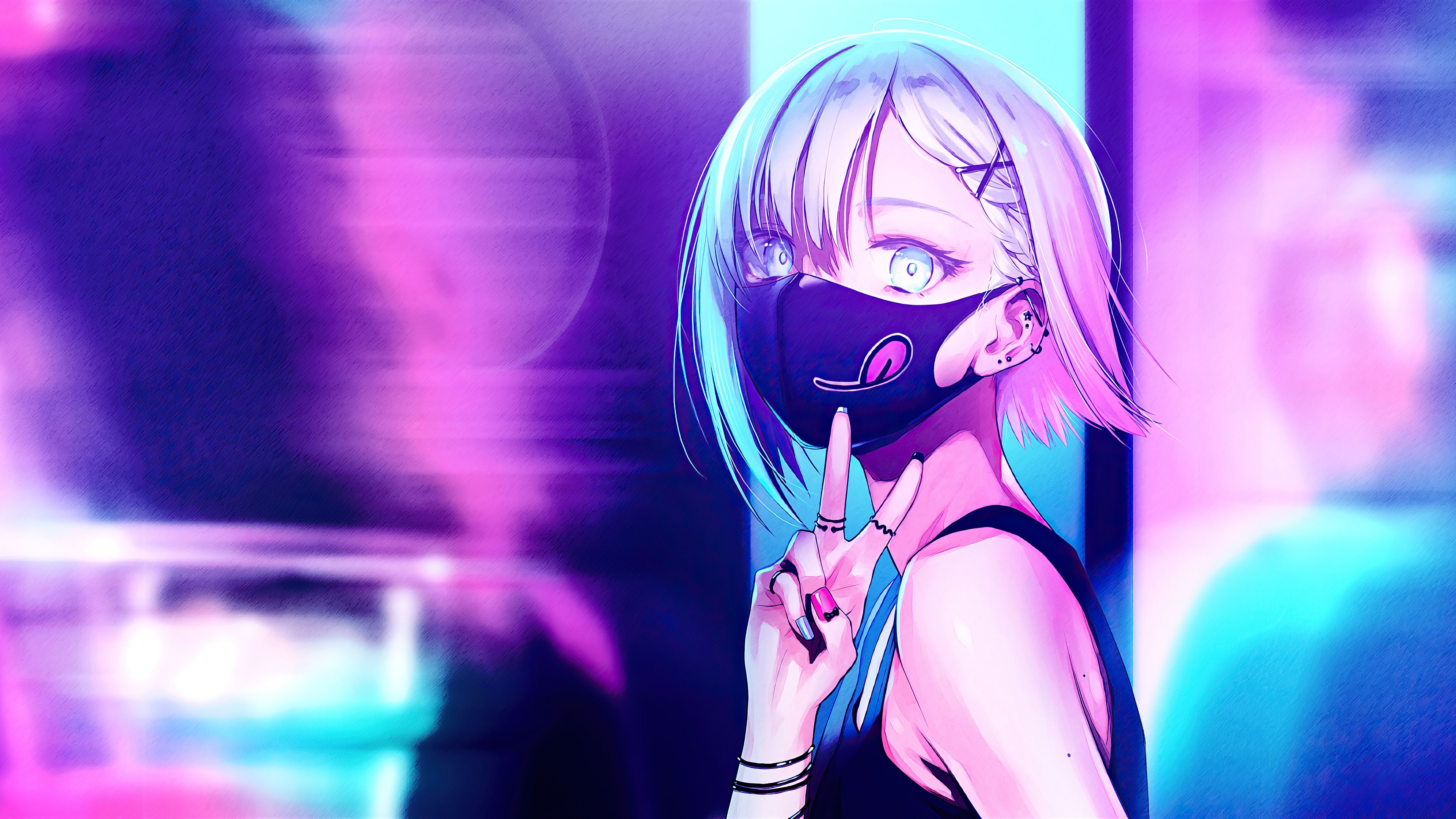 3840x2160 Anime Girl City Lights Neon Face Mask 4k, HD Anime, 4k Wallpaper, Image, Background, Photo and Picture, Desktop