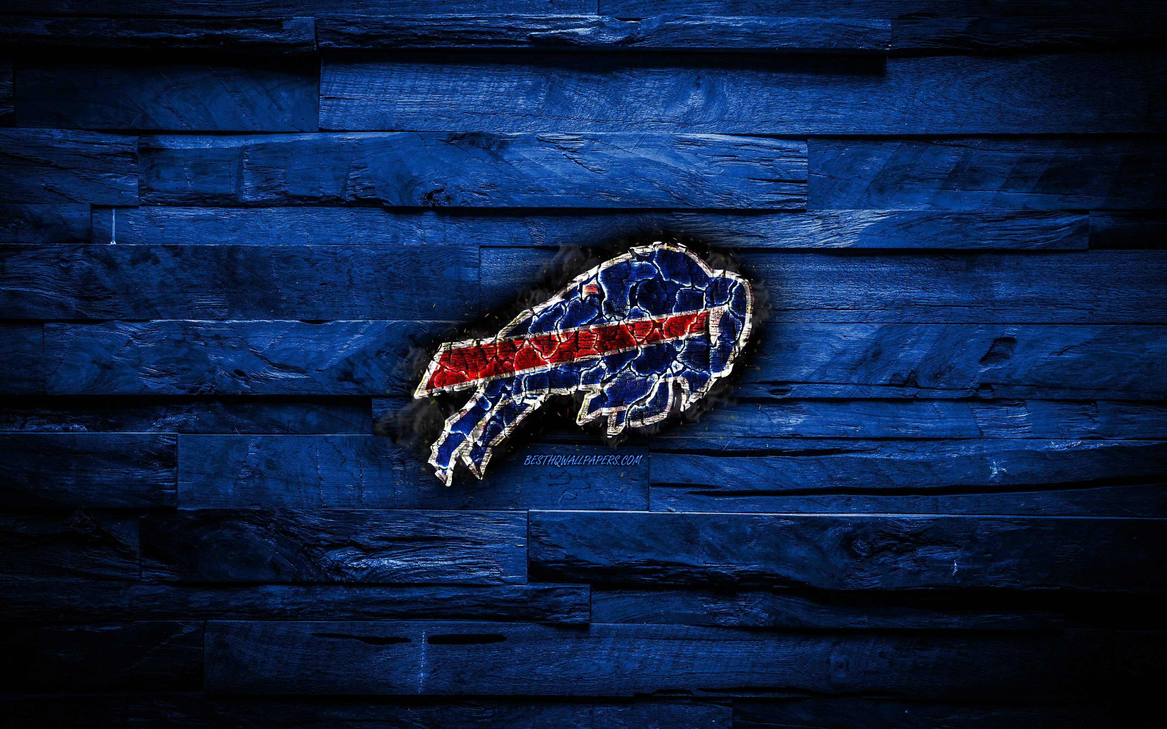 3840x2400 Download wallpaper Buffalo Bills, 4k, scorched logo, NFL, blue wooden background, american baseball team, American Football Conference, grunge, baseball, Buffalo Bills logo, fire texture, USA, AFC for desktop with resolution. High, Desktop