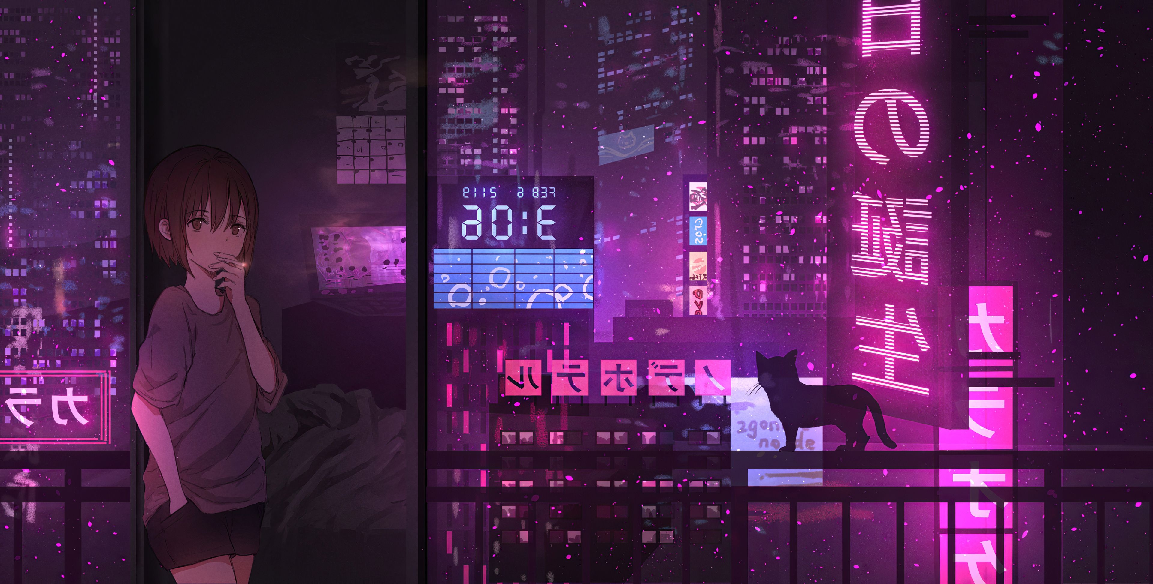 3840x1950 Neon Night Anime Girl Cat, HD Anime, 4k.hdqwalls.com, Desktop