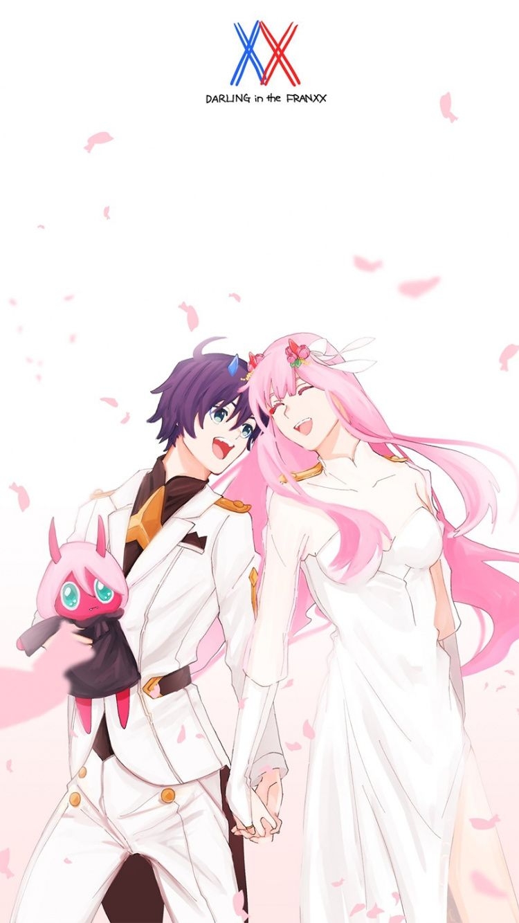 750x1340 Download Couple, happy, Hiro and Zero Two, anime, art wallpaper, Phone