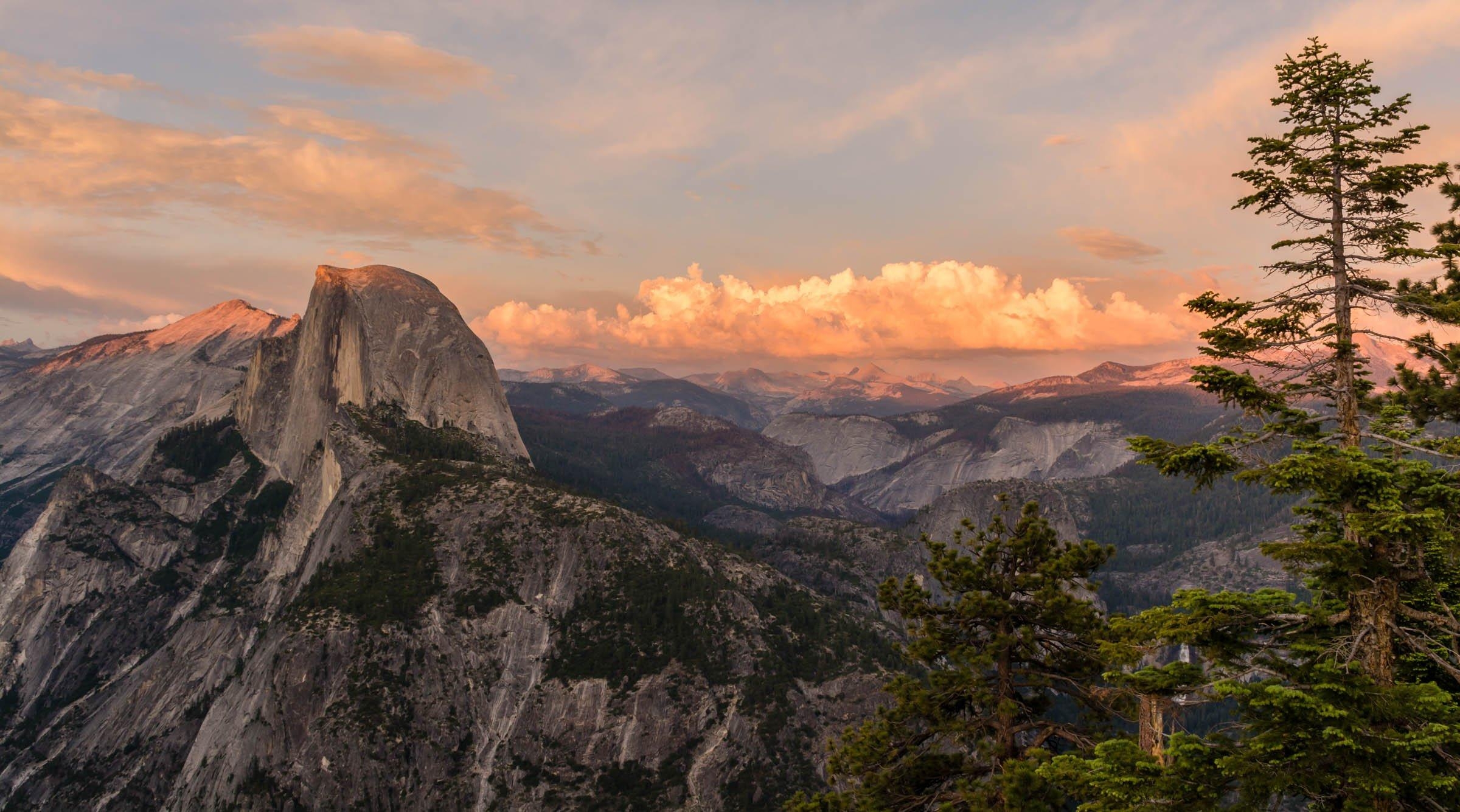 2400x1340 Alpine Glow Rays on Sunset on Half Dome Yosemite CA HD wallpaper, Desktop