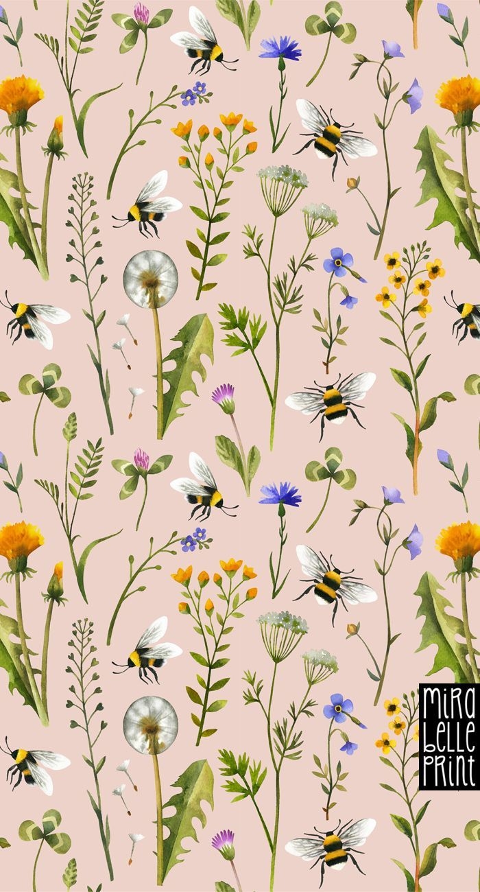 700x1300 Colorful fabrics digitally printed by Spoonflower And Wildflowers / Blush / Large Scale. Pattern illustration, Flower print pattern, Bee illustration, Phone