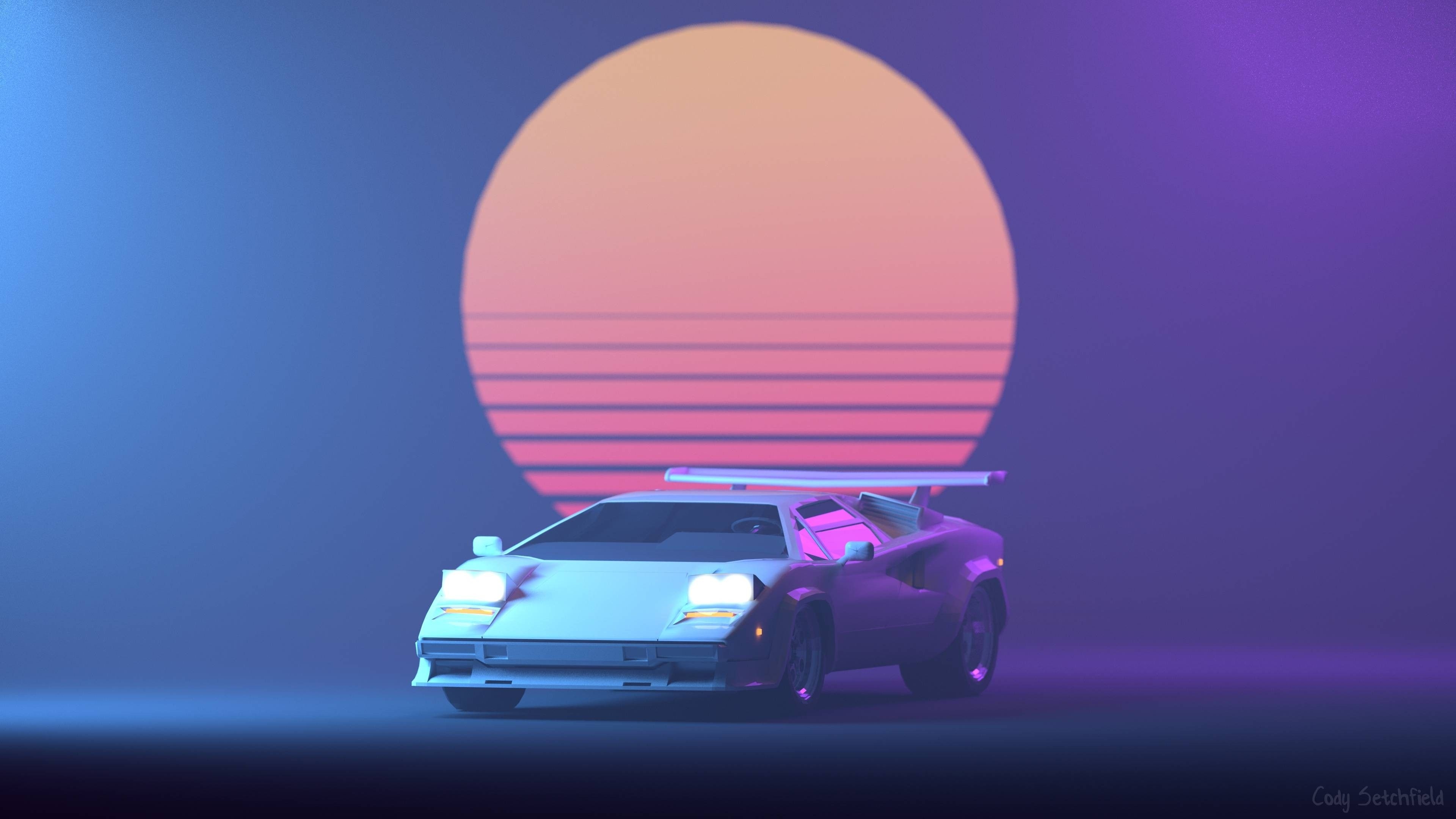 3840x2160 Wallpaper Retrowave, Purple, Lamborghini Countach, 4K, Art, Desktop