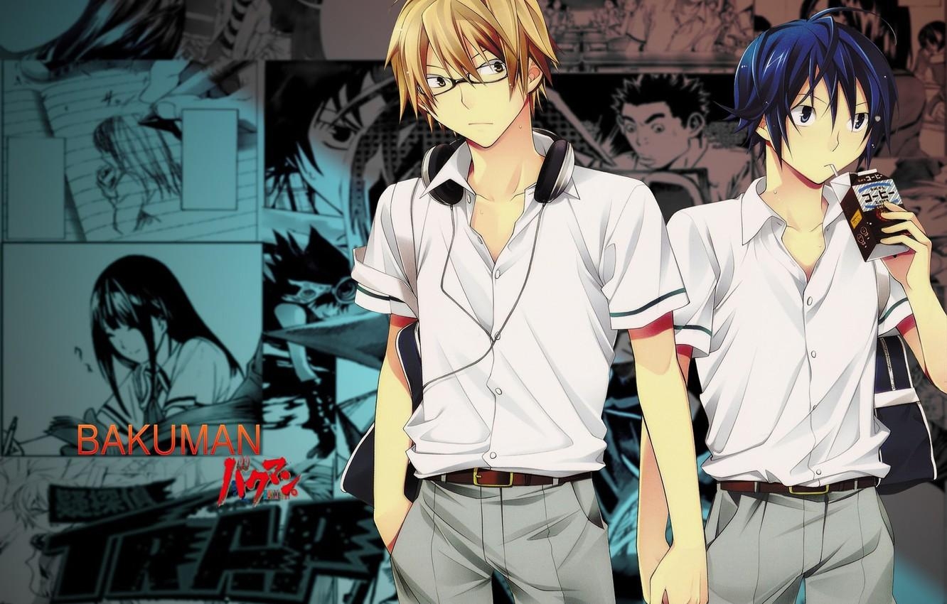 1340x850 Wallpaper glasses, drawings, friends, characters, two guys, Bakuman, Desktop