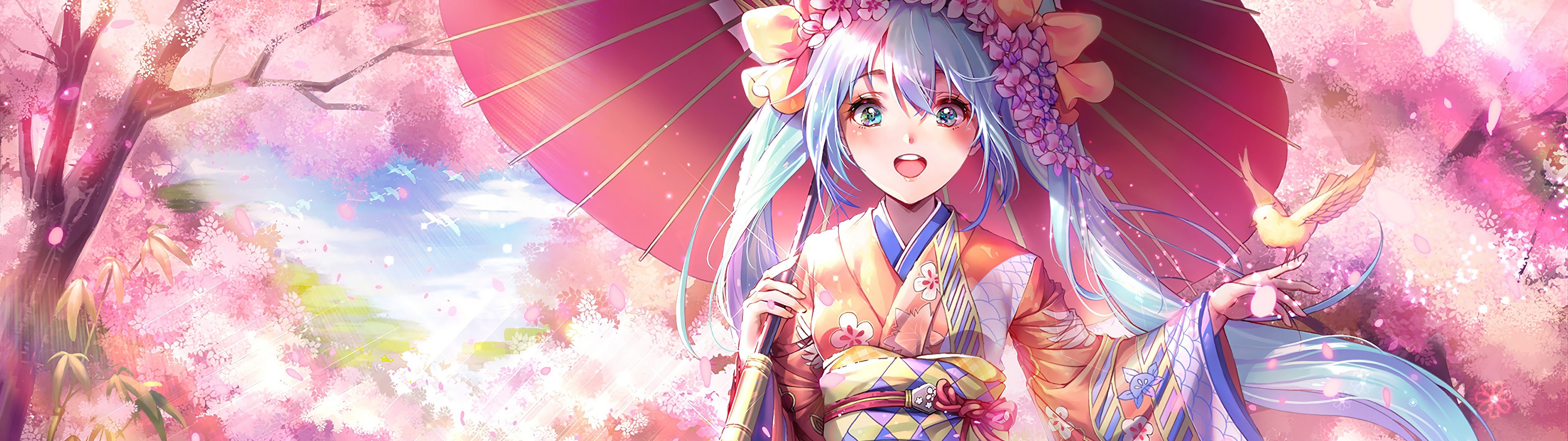 5120x1440 Anime Girl Kimono Cherry Blossom 4K Wallpaper, Dual Screen