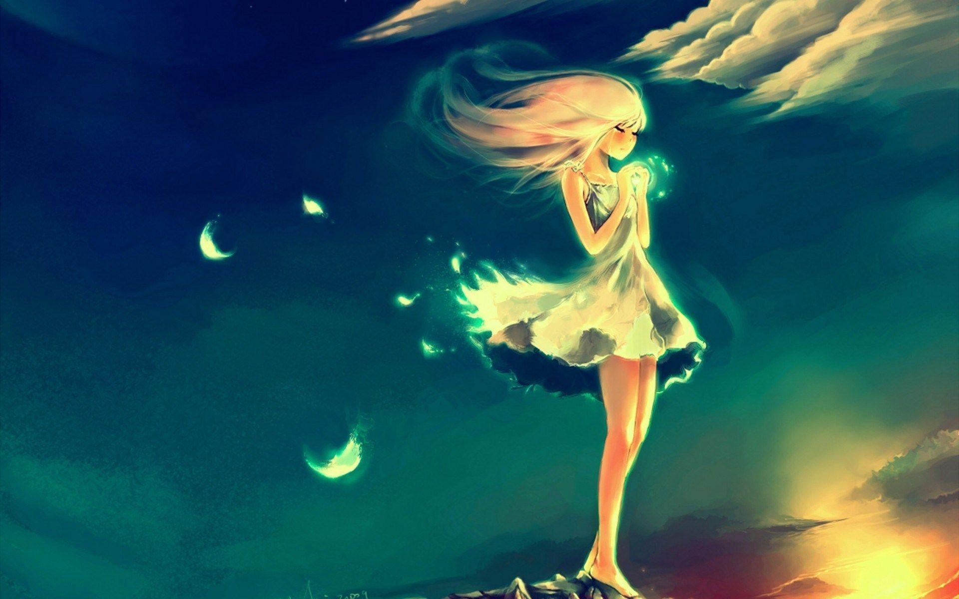 1920x1200 angel cry, alone, so sad, night sky, feather, art, manga anime, Desktop