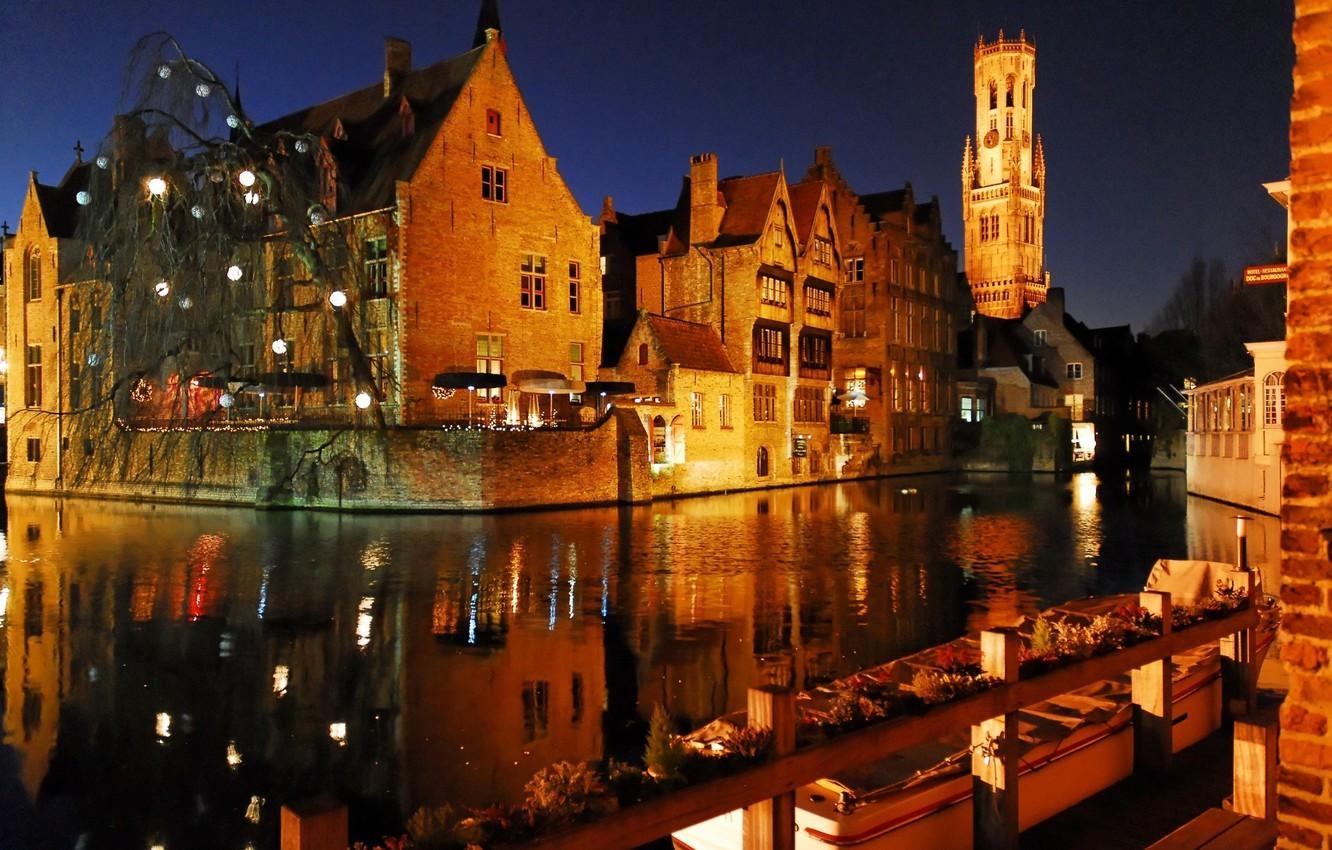 1340x850 Wallpaper the city, lights, the evening, Bruges, Bruges, Desktop