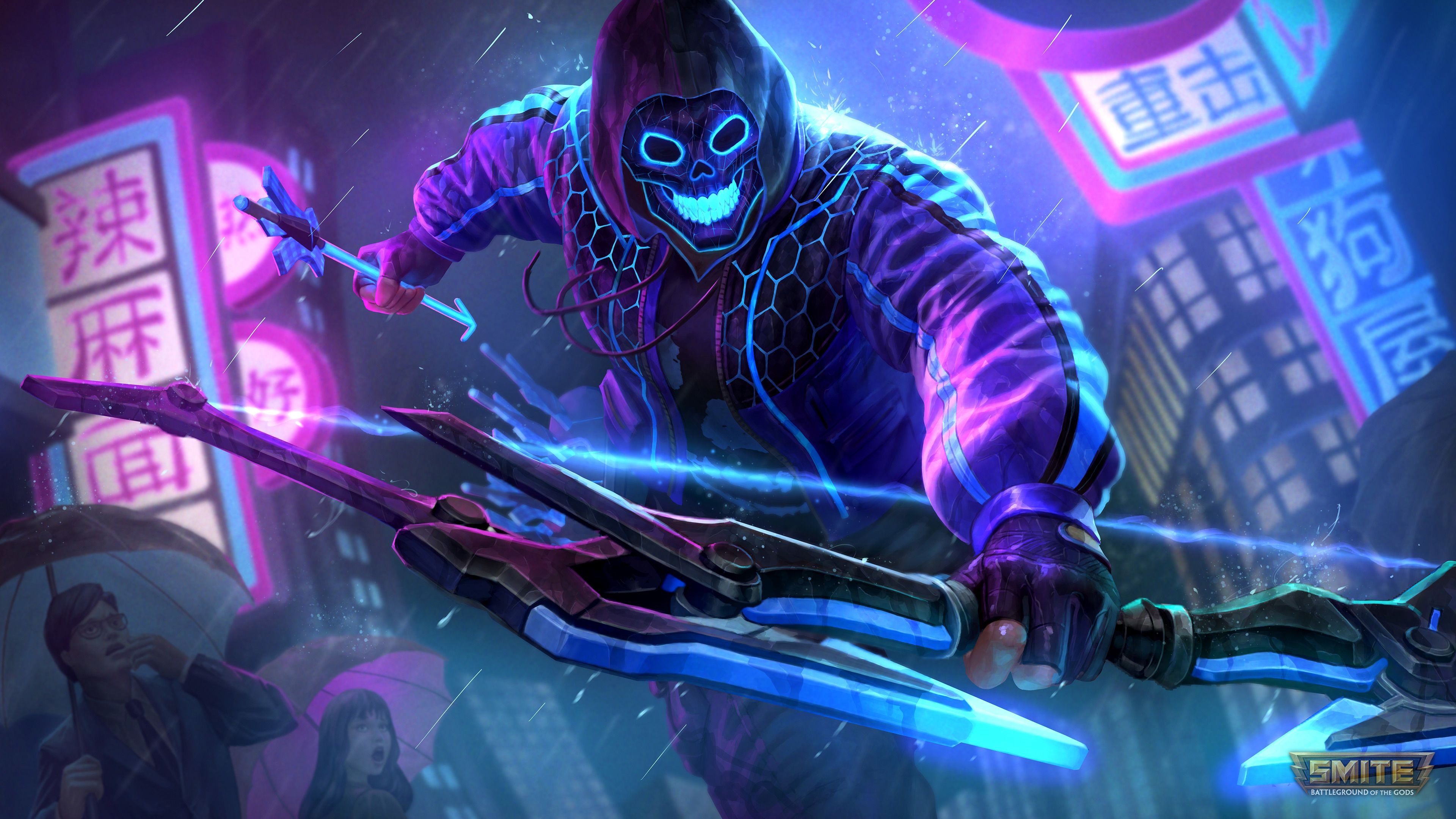 3840x2160 Wallpaper, China, neon, blue, pink, pickaxes, skull, fortnite, skin, retro wallpaper, Desktop